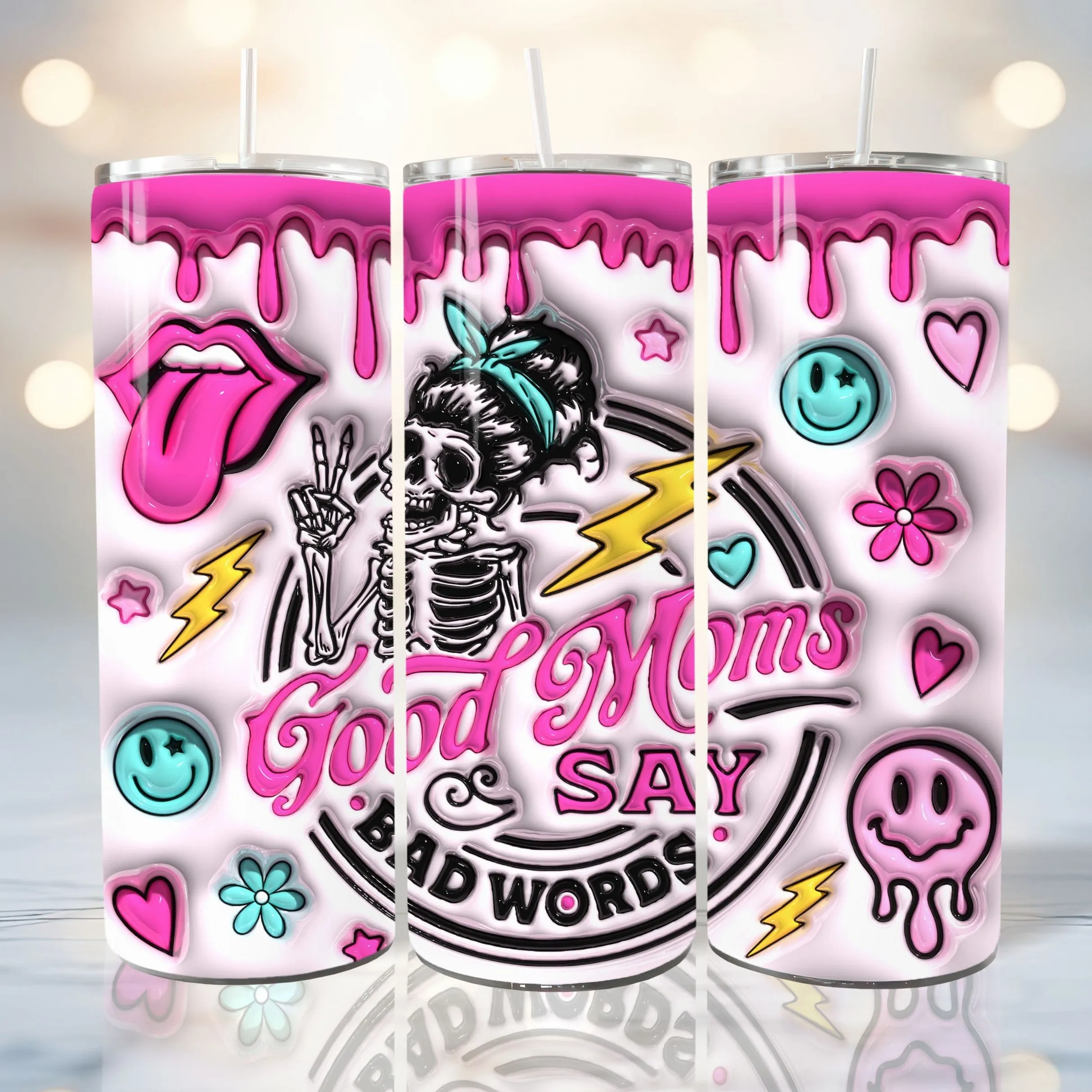 3D Seamless Good Moms Say Bad Words Inflated Tumbler Wrap, 3D Smile Face Puffy, Pink Skull Mom Bubble, Sarcastic Mom, Funny 20oz Tumbler PNG