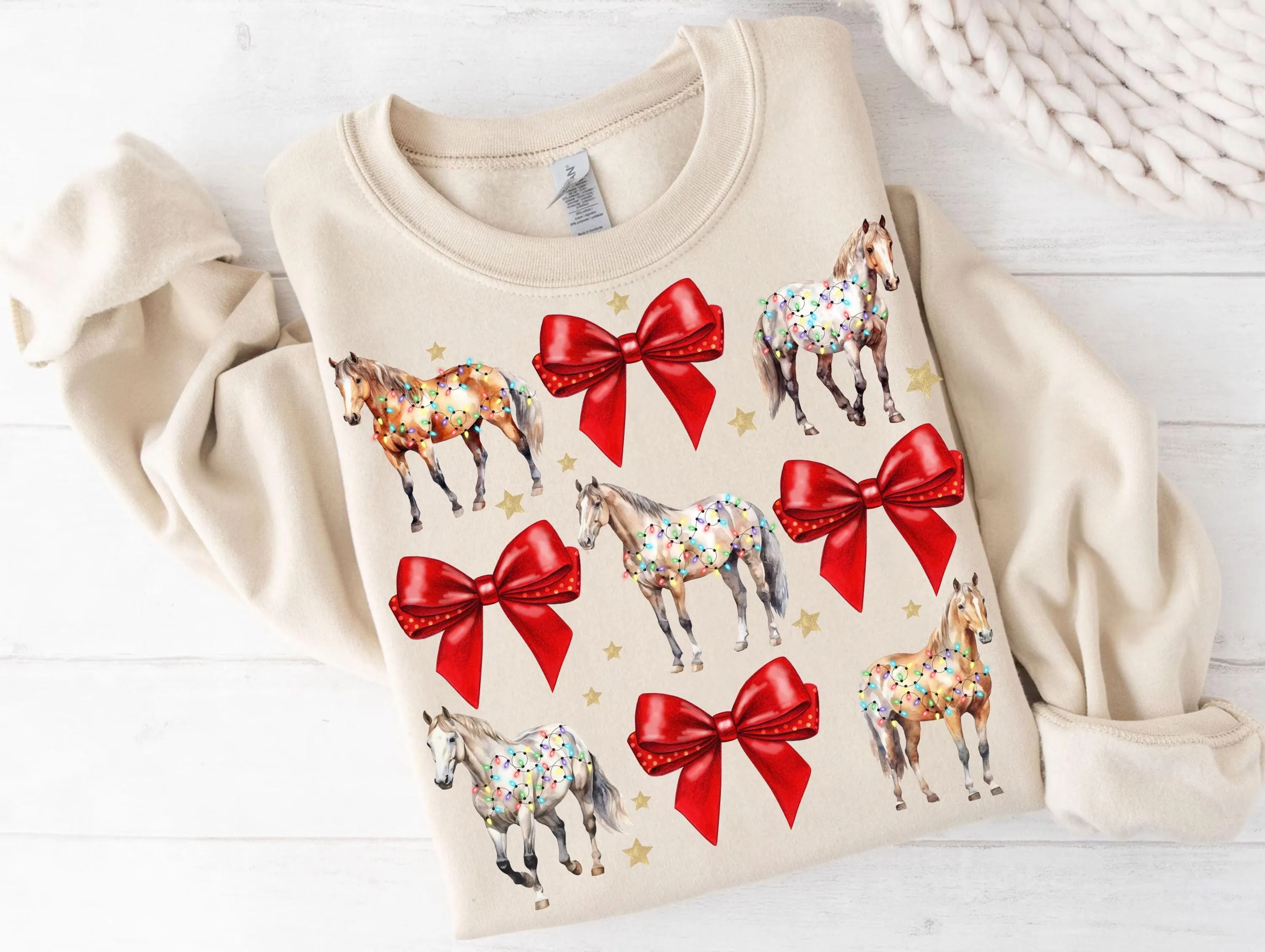 Christmas Horses with Fairy Lights, Red Bows, Gold Stars | Festive Equine Holiday Design for Sweatshirts, T-Shirts | Transparent Background