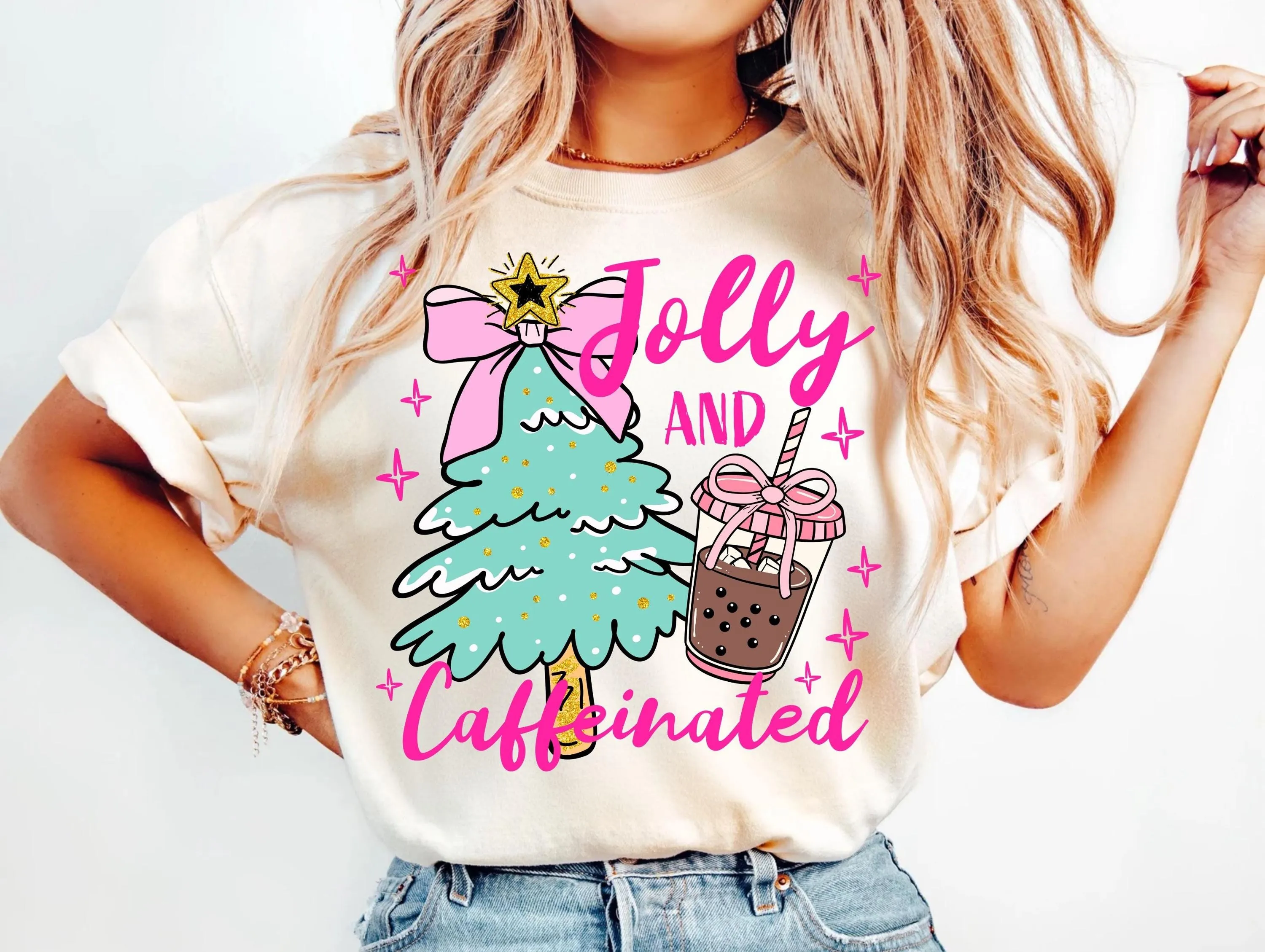 Jolly and Caffeinated Christmas PNG | Mint Green Tree Pink Coffee Cup Digital Download T-shirts Sweatshirts | Winter Holiday Coffee Lover