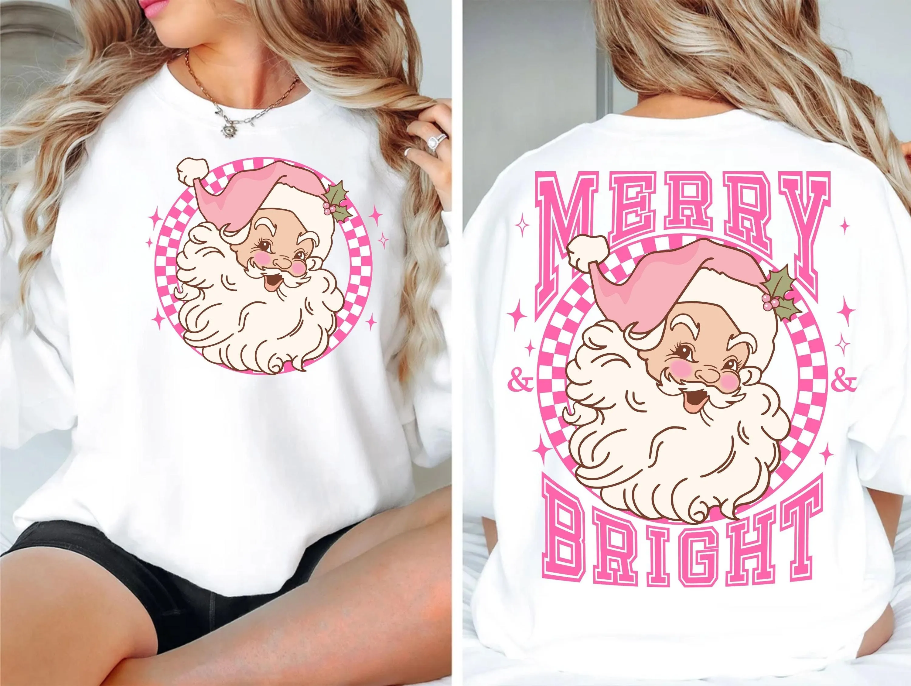 Pink Merry and Bright Christmas PNG | Santa Holiday T-Shirt Design | Santa Xmas Sweatshirt Sublimation | Retro Santa Shirt Digital Download