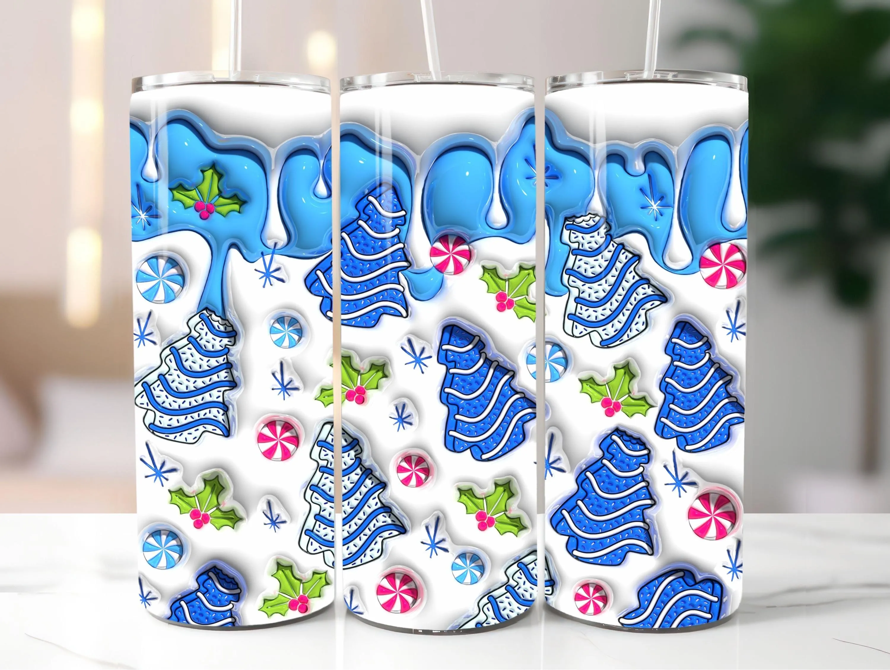 3D Blue Christmas Tree Cakes Inflated Tumbler Wrap PNG, Puffy Snack Cakes Xmas 20oz Tumbler Sublimation Design, Instant Digital Download