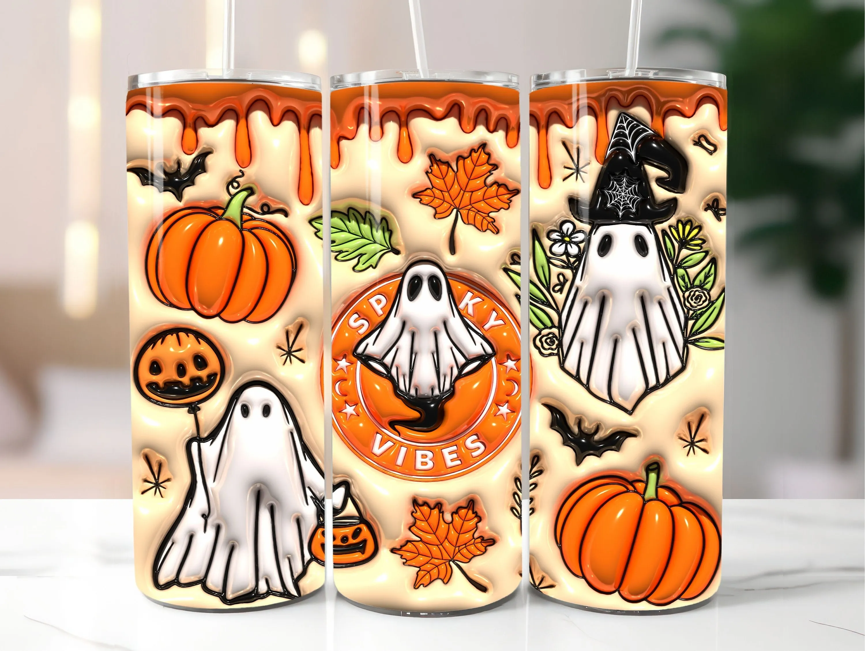 3D Orange Spooky Vibes Inflated Tumbler Wrap, Puff Halloween Ghost PNG, 20oz Tumbler Sublimation Design, Instant Digital Download