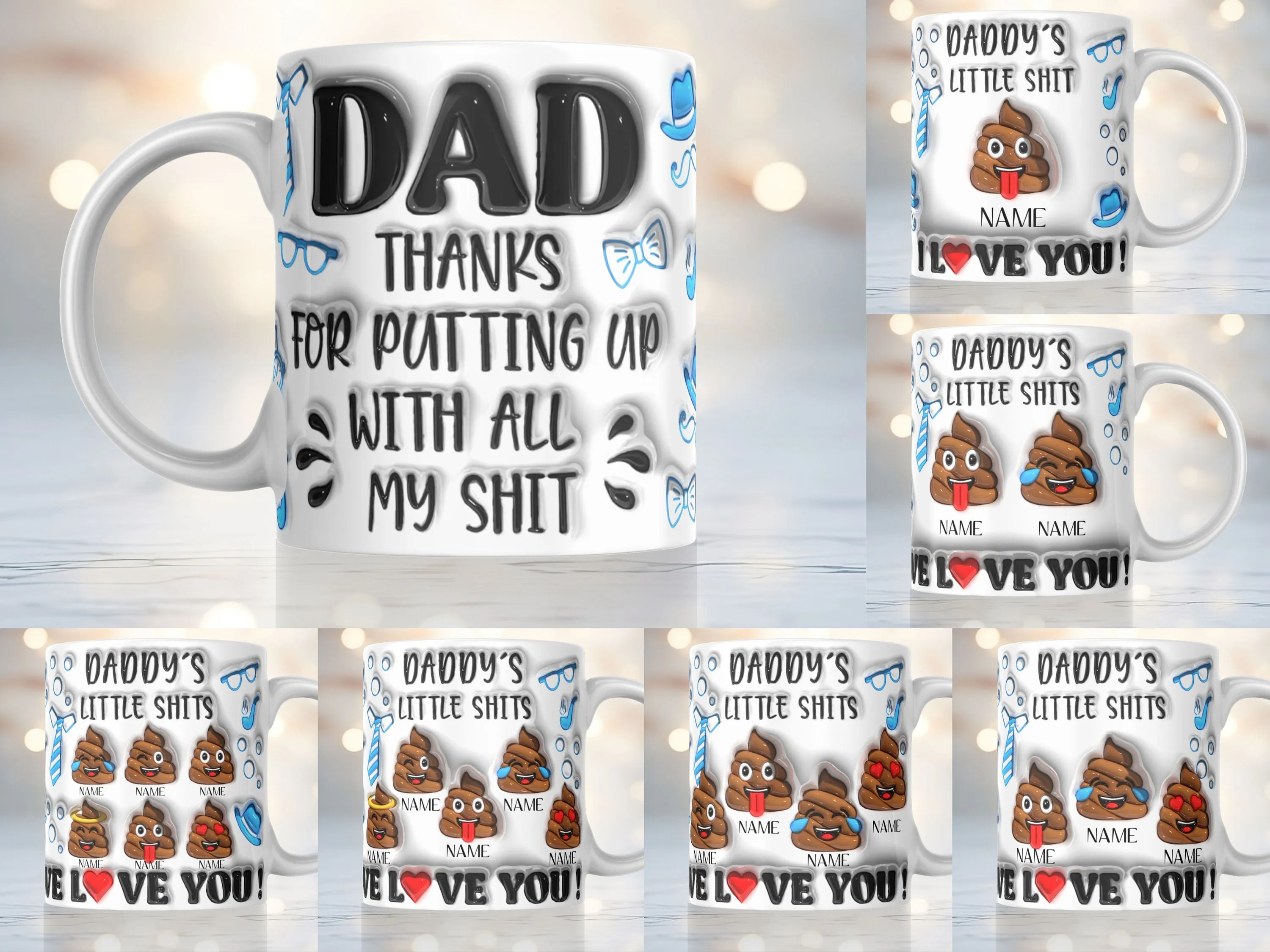 Personalized Daddy's Little Sh*t Inflated Mug Sublimation Design 11oz & 15oz, Funny Puff Father's Day Mug PNG, Dad thanks for putting up PNG