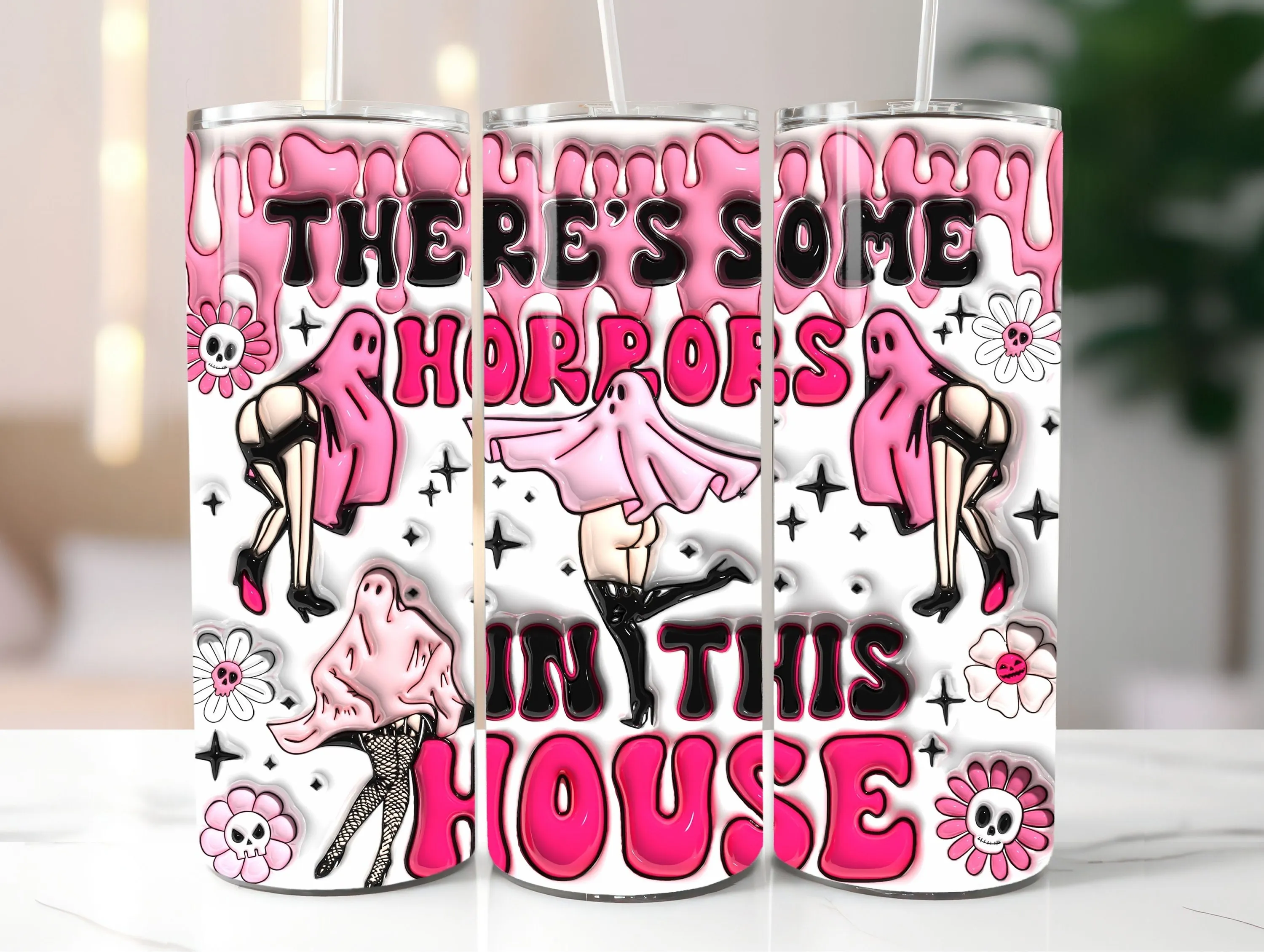 Inflated Pink Ghost Tumbler Wrap PNG | There's Some Horrors | Sassy Horror Quote Cup Design | Dripping Text Goth | Spooky Girl Sublimation