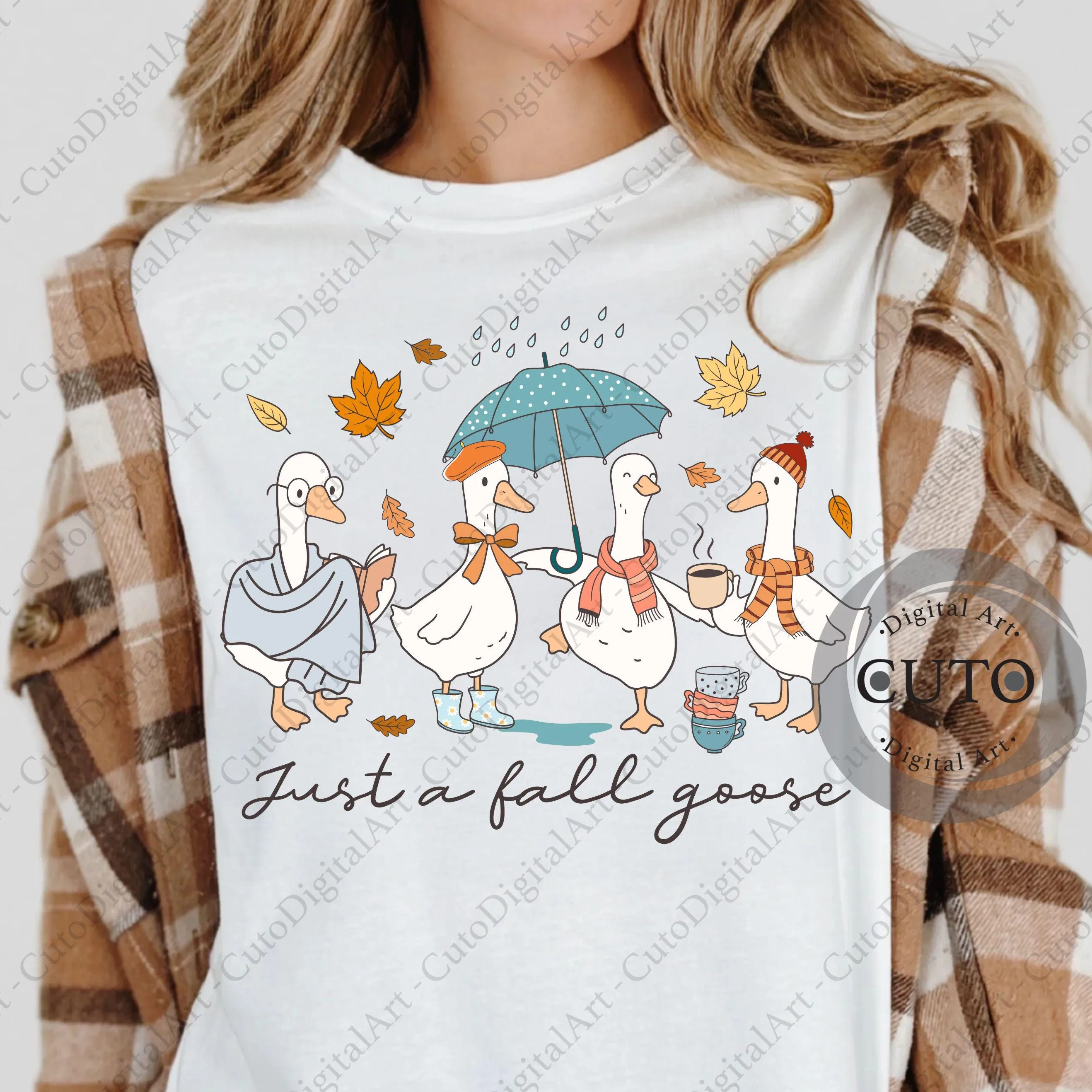 Just a Fall Goose Autumn Design for T-Shirts and Sweatshirts with Cute Geese and Leaves - Transparent PNG Digital Download