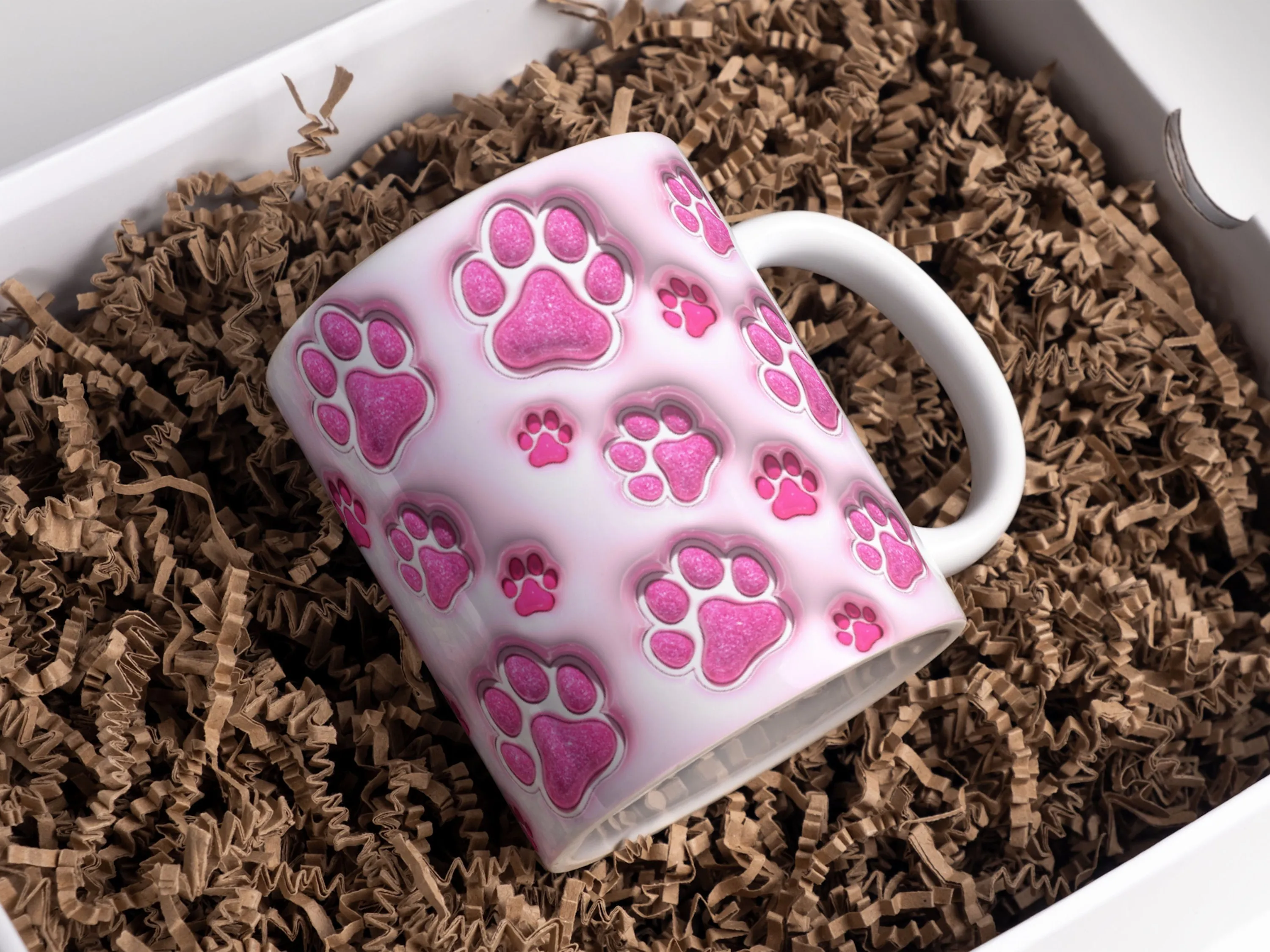 3D Sparkly Pet Paws Inflated Mug Wrap Sublimation Design 11oz & 15oz, Pink Puffy Glitter Dog Mom Mug PNG, Dog Lover Mug Sublimation Designs