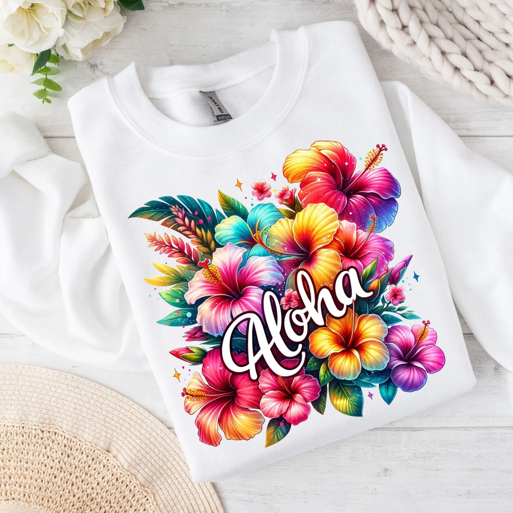Aloha Tropical Flower Design Sweatshirt & T-Shirt - Colorful Hawaiian Floral Print for Stylish Summer Vacation Wear - Digital Download PNG