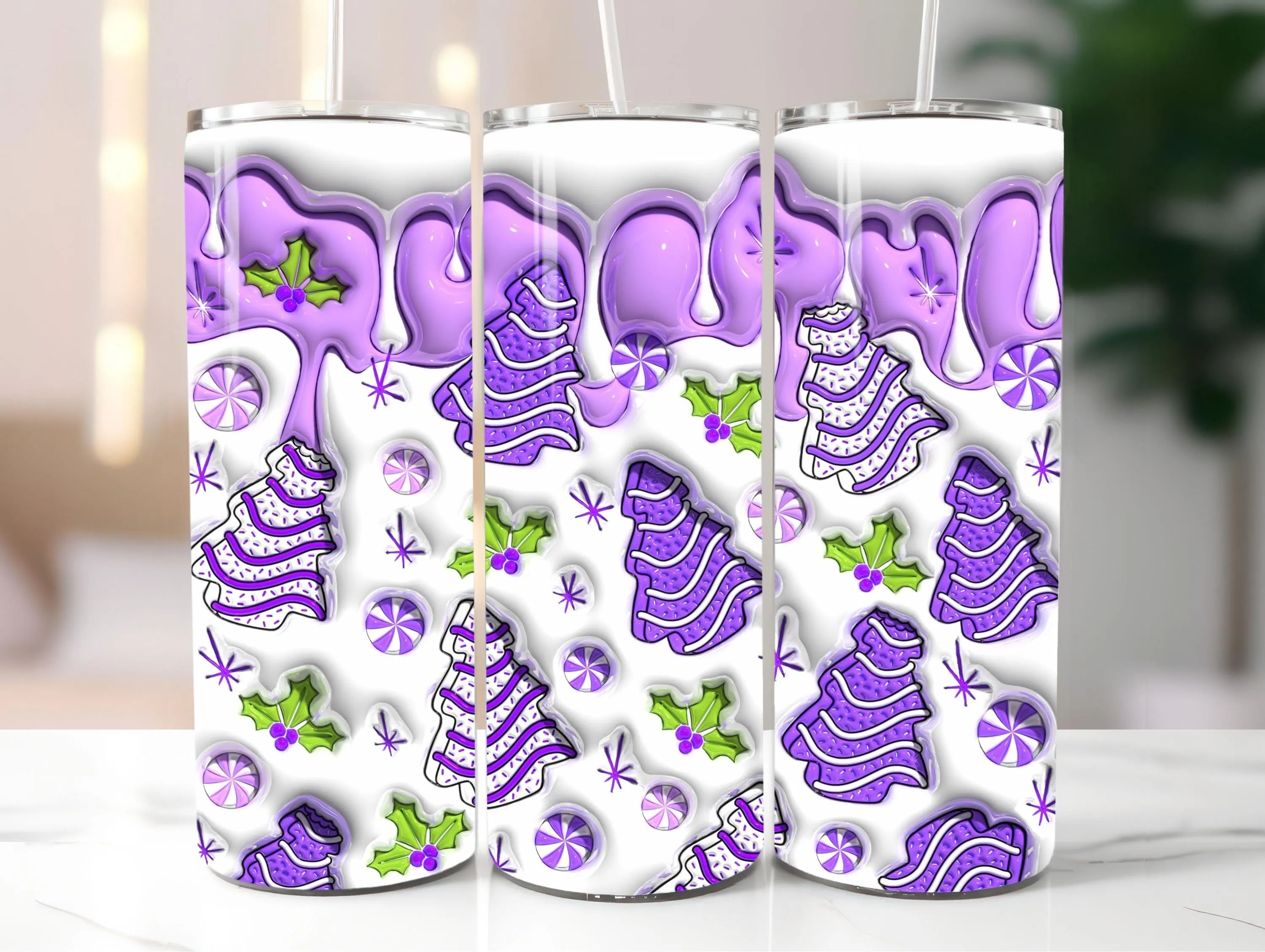 3D Purple Christmas Tree Cakes Inflated Tumbler Wrap PNG, Puffy Snack Cakes Xmas 20oz Tumbler Sublimation Design, Instant Digital Download