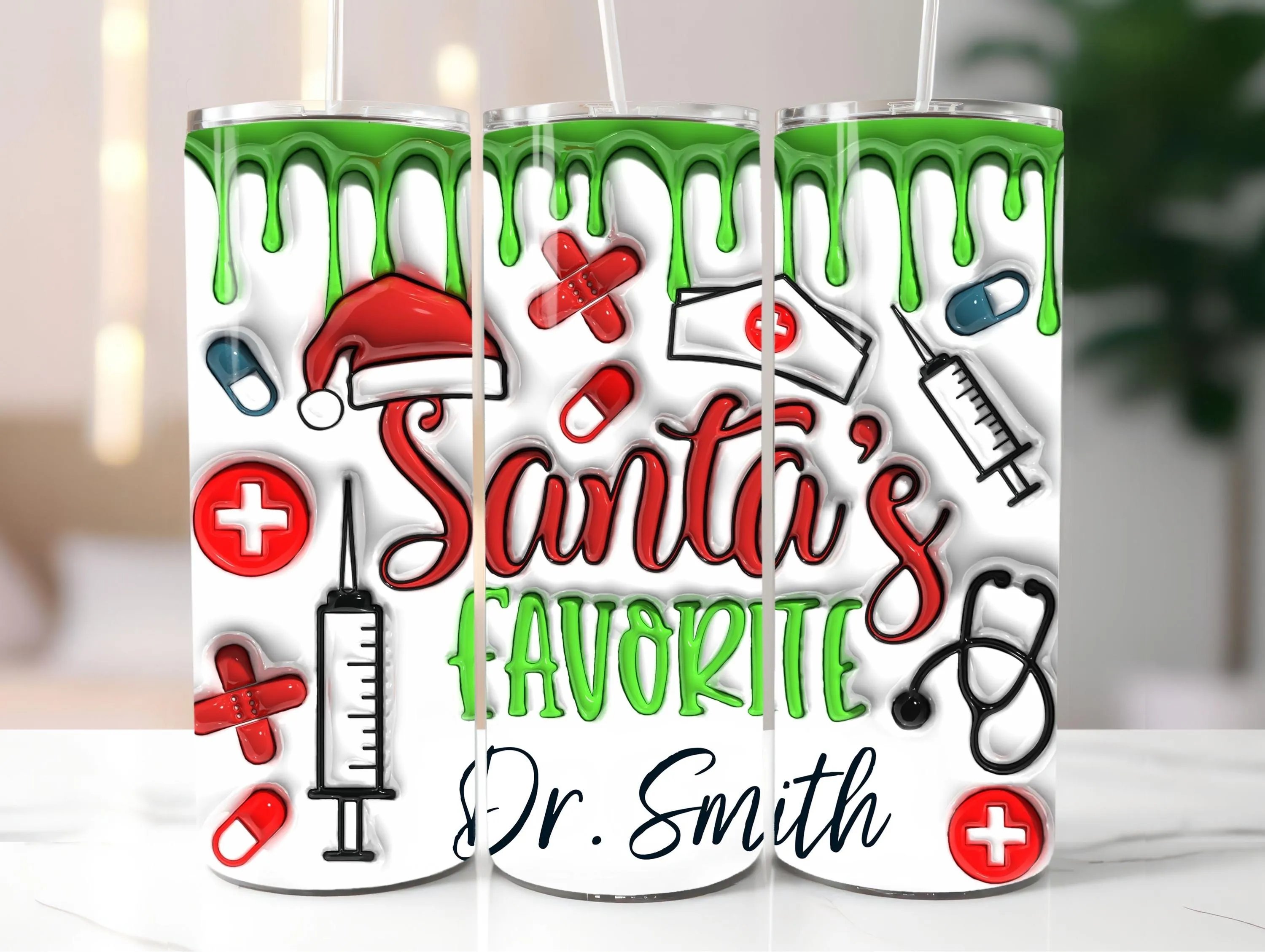 Personalized 3D Inflated Santa's Favorite Sublimation Design, Add Name Puffy Christmas 20oz Skinny Tumbler Wrap Medical Worker, Digital PNG