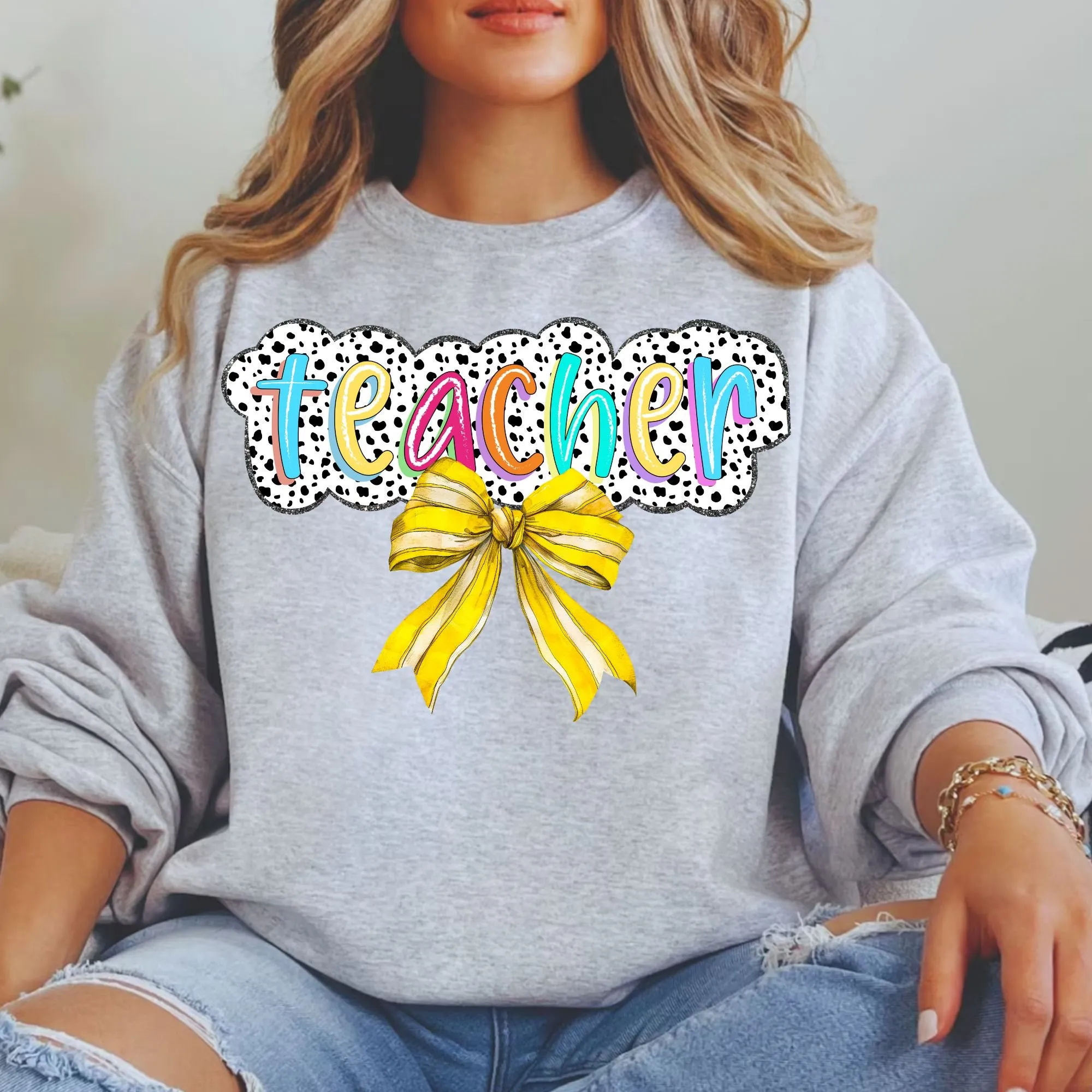 Vibrant Teacher Bow Digital PNG - Colorful Letters Yellow Ribbon and Dalmatian Spots - Sweatshirt and T-Shirt - Teacher Appreciation Gift