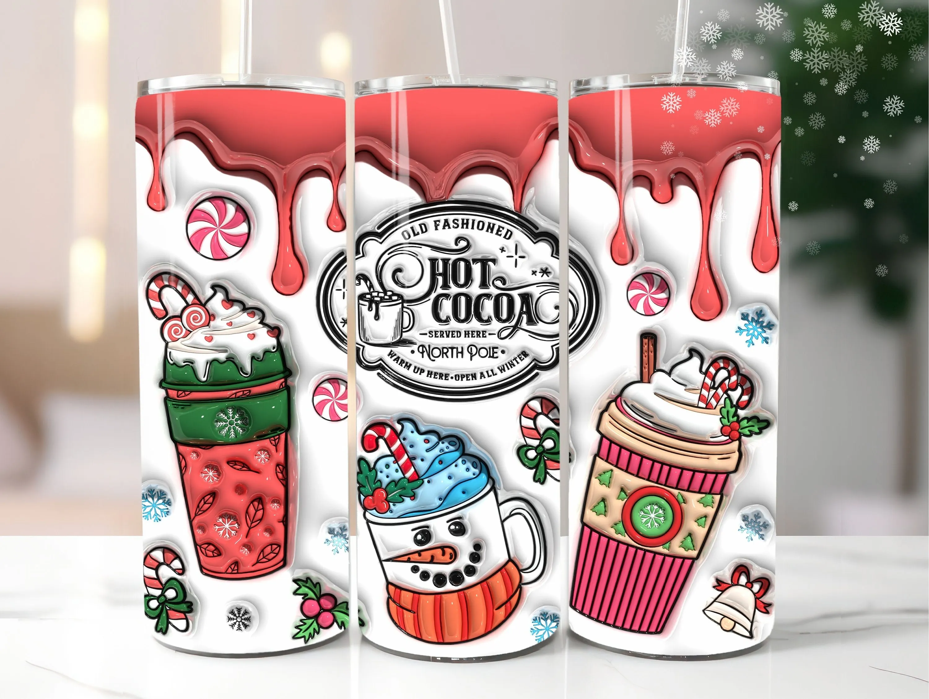 3D Inflated Old Fashioned Hot Cocoa Tumbler Wrap Design, 3D Puffy Christmas Drink 20oz Tumbler Sublimation, Instant Digital Download
