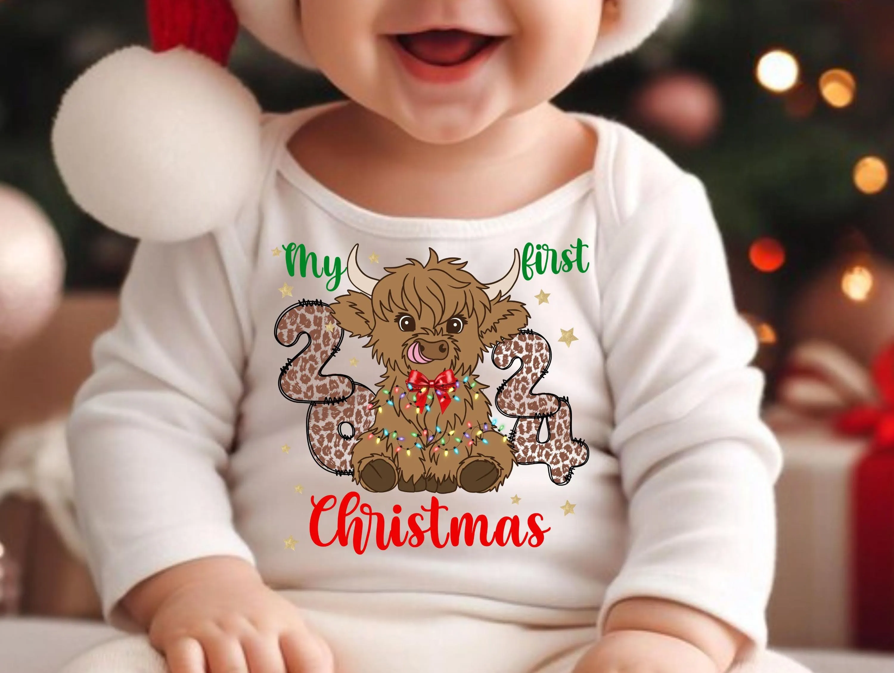 My First Christmas 2024 Highland Cow Baby | Cute Animal with Lights & Bows | Holiday Design for T-Shirts Sweatshirts | Transparent Baby PNG