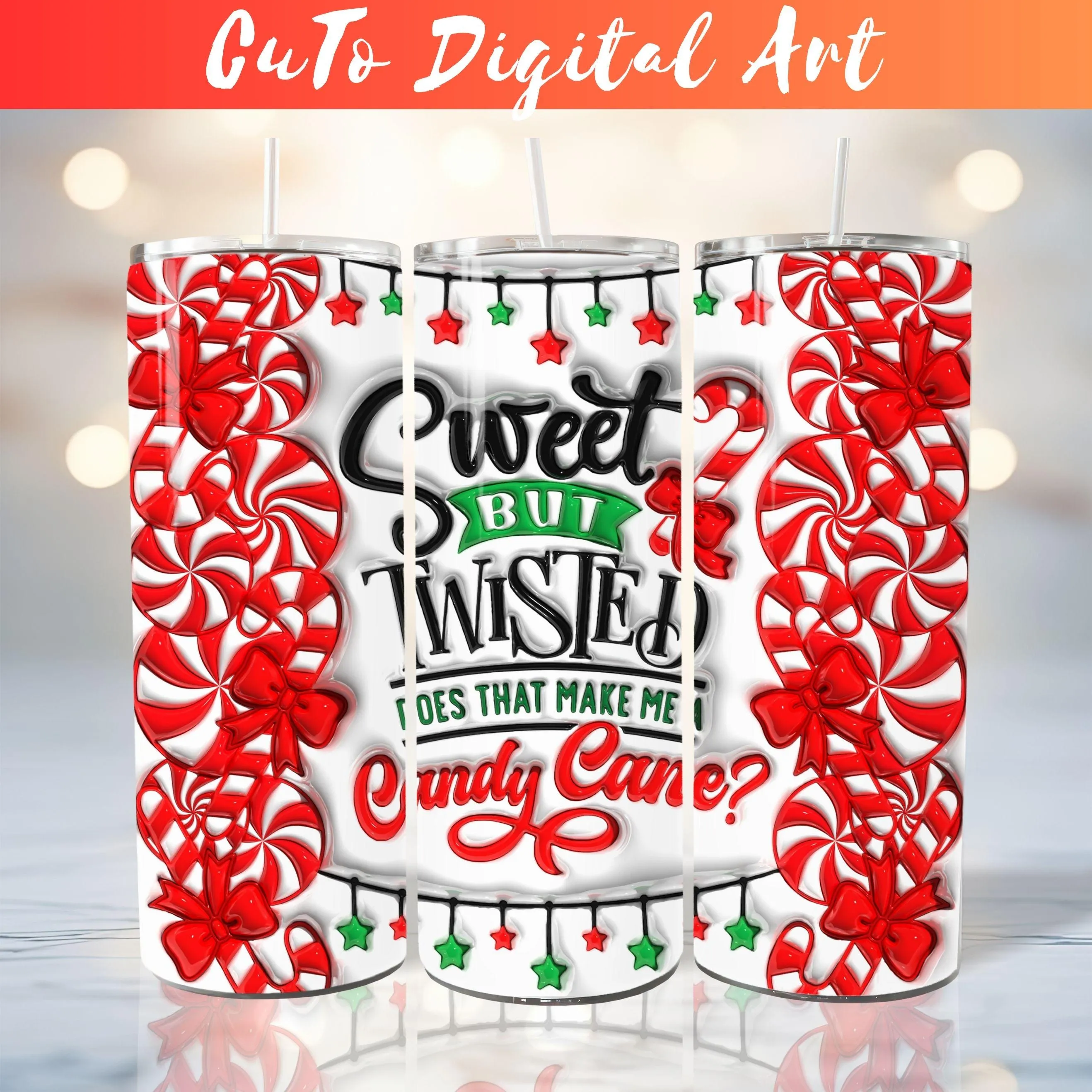 3D Seamless Christmas Candy Inflated Tumbler Wrap PNG, Puffy Sweet Candy Cane Xmas 20oz Tumbler Sublimation Design, Instant Digital Download