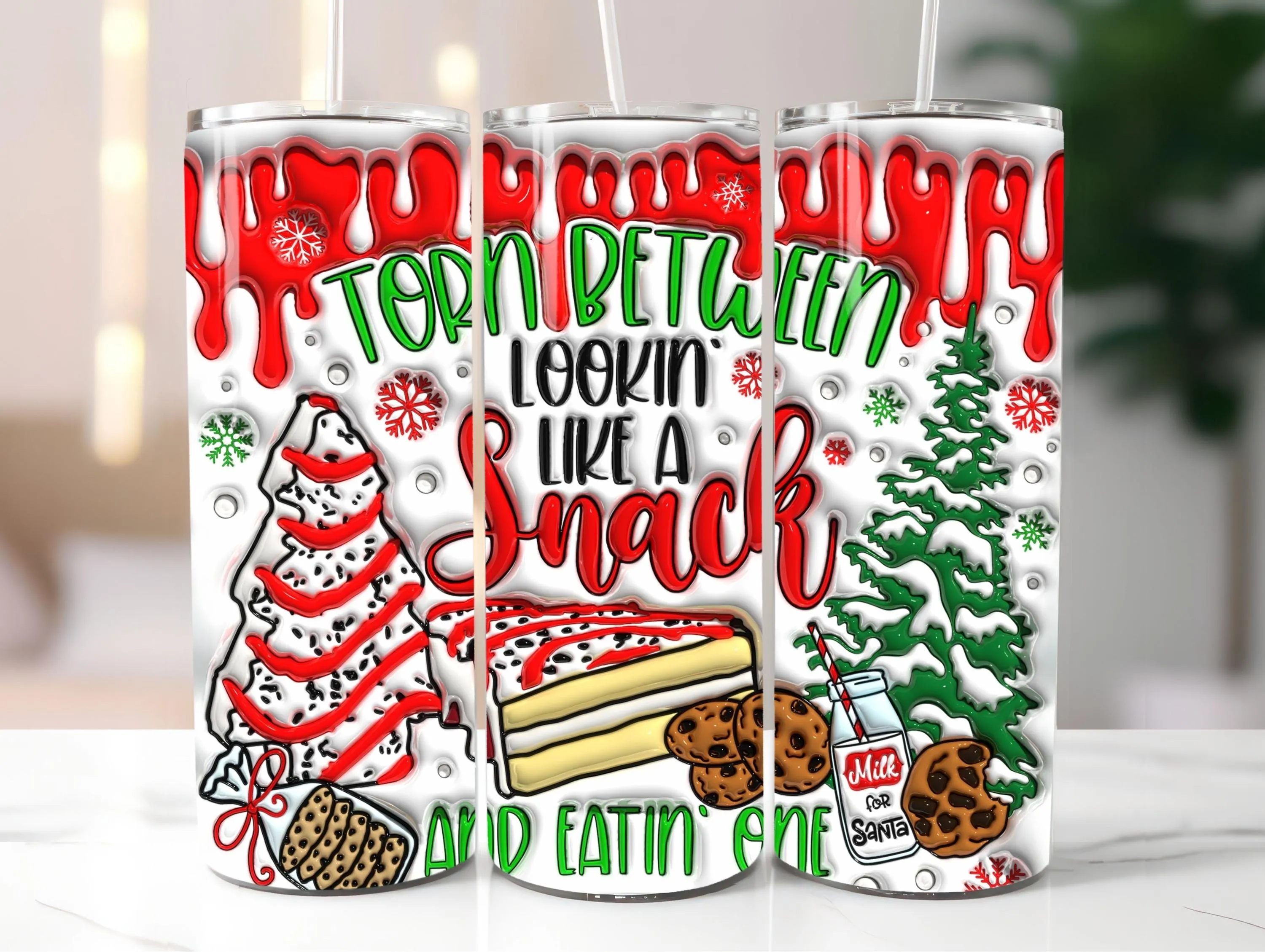 Christmas Tumbler Puffy PNG Wrap | Torn Between Lookin' Like a Snack Quote | Inflated Holiday Cup | Festive Red Drip Sublimation Design