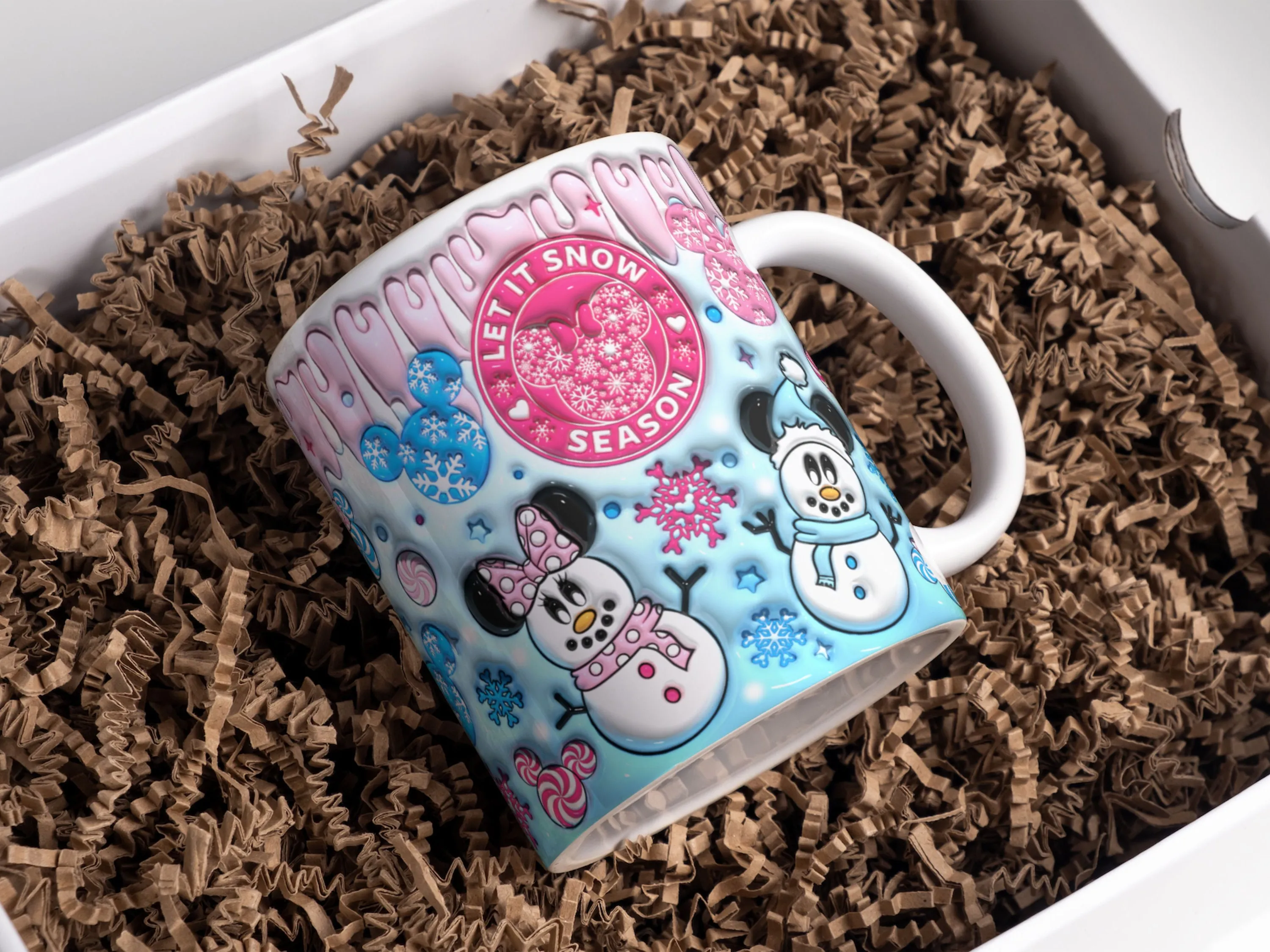 3D Let it Snow Season Inflated Mug Wrap Design 11oz & 15oz, 3D Puff Cartoon Snowman Mug Sublimation Design PNG, Mug Template For Sublimation