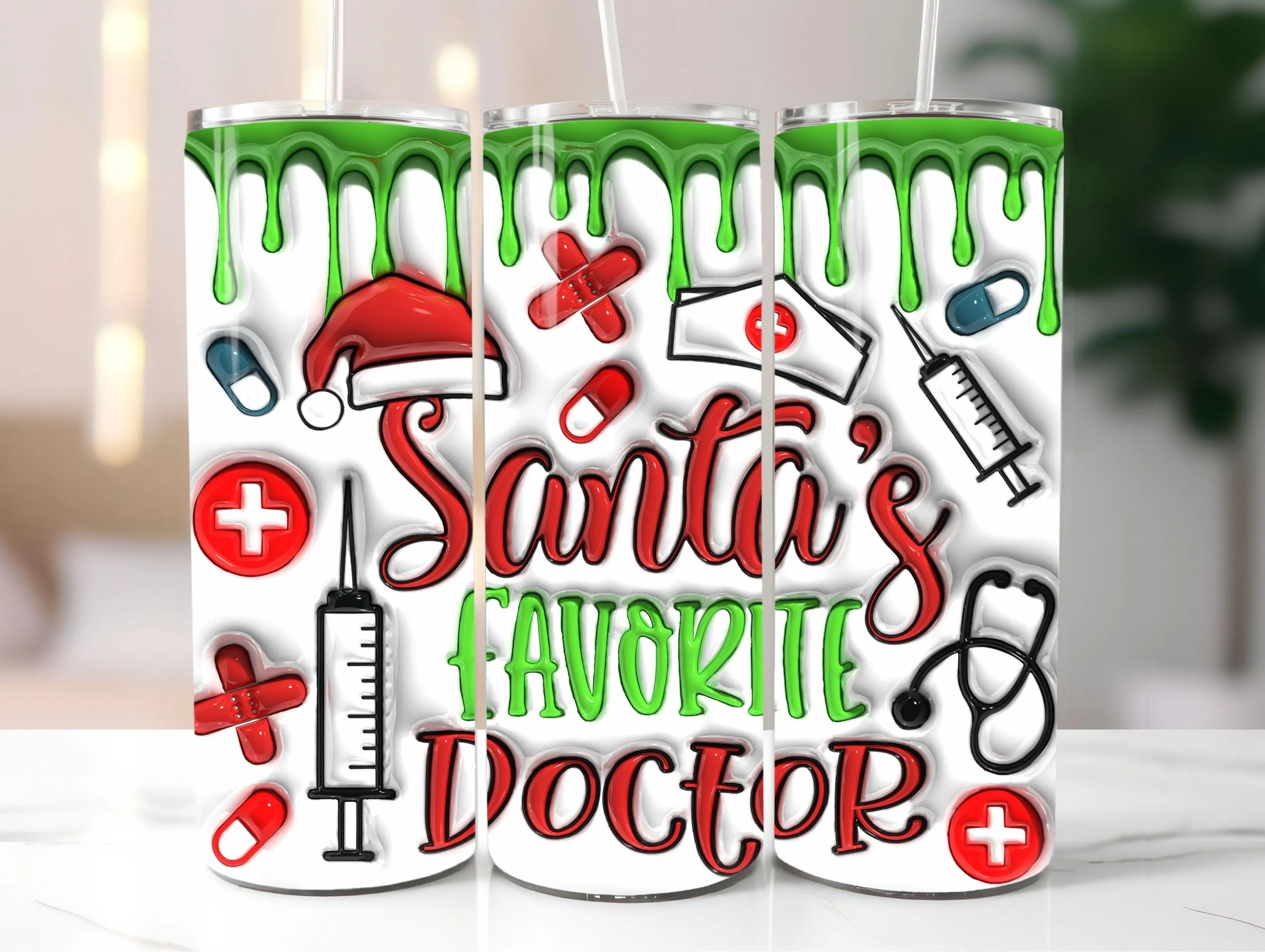 3D Inflated Santa's Favorite Doctor Tumbler PNG - Puffy Christmas 20oz Skinny Tumbler Wrapn - Sublimation Design for Doctor Digital Download
