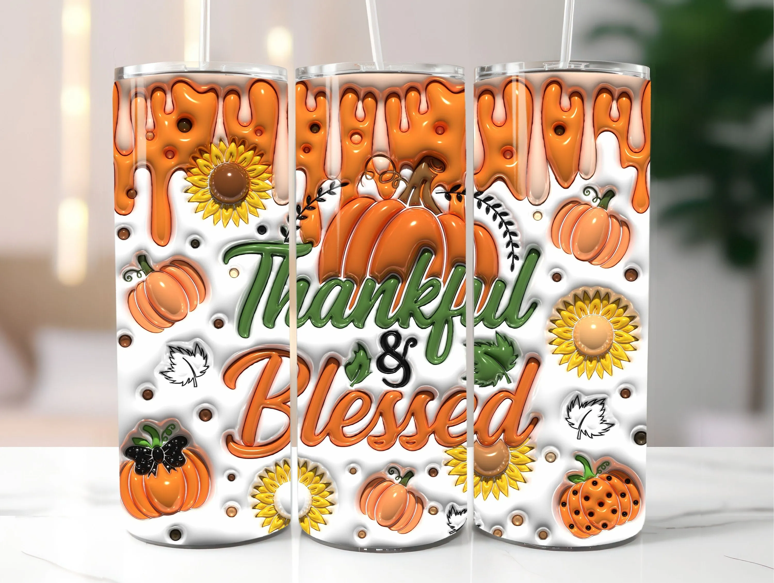 3D Thankful & Blessed Inflated Tumbler Wrap PNG - Puffy Thanksgiving 20oz Skinny Tumbler Sublimation Design - Instant Digital Download
