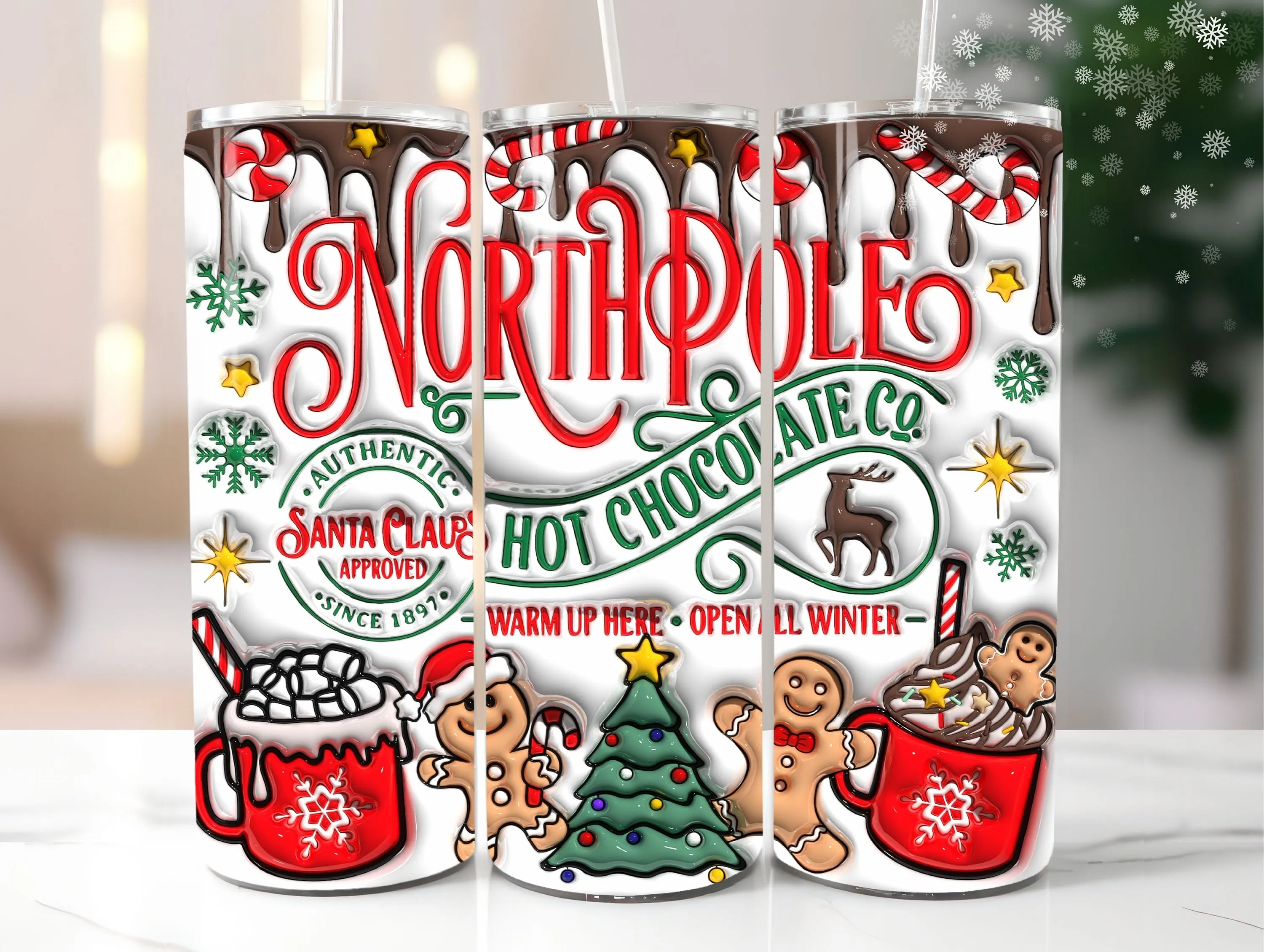 3D Inflated Northpole Hot Chocolate Christmas Tumbler Wrap Design, 3D Puffy Gingerbread Tumbler Sublimation, 3D Santa Claus Tumbler Wrap PNG