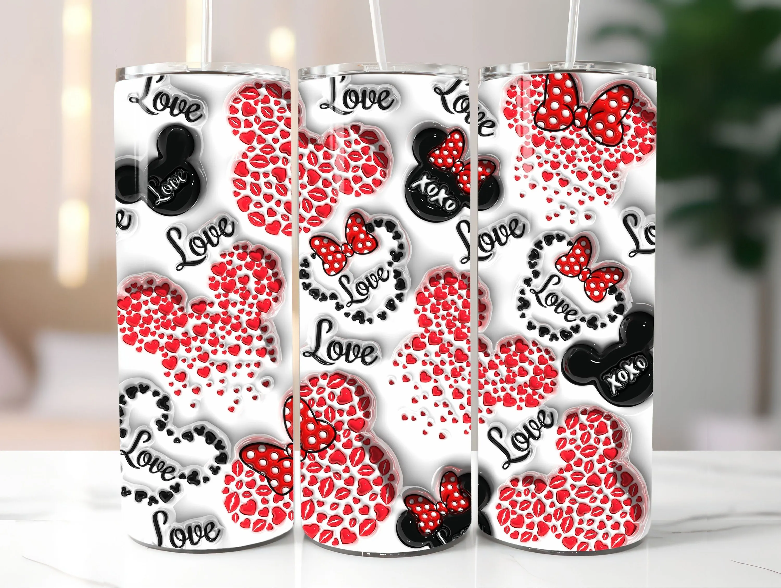 3D Mouse Hearts Valentine Inflated Tumbler Wrap - Puffy Love Saint's Day 20oz Cup Sublimation Digital Design - Valentine's Day Tumbler PNG
