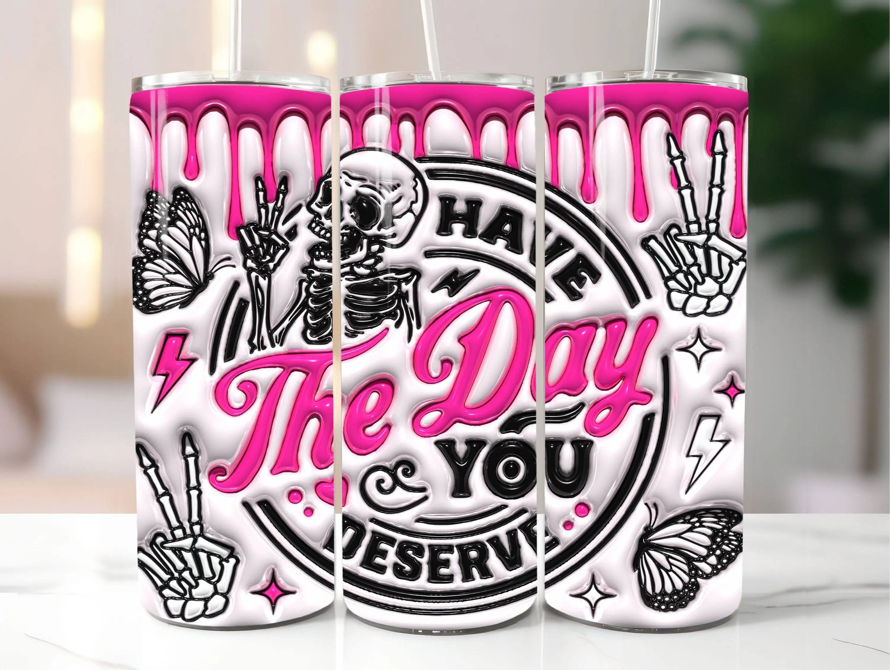 3D Have The Day You Deserve Inflated Tumbler Wrap, 3D Puffy Peace Funny Skeleton 20oz Skinny Tumbler Sublimation, Instant Digital Download