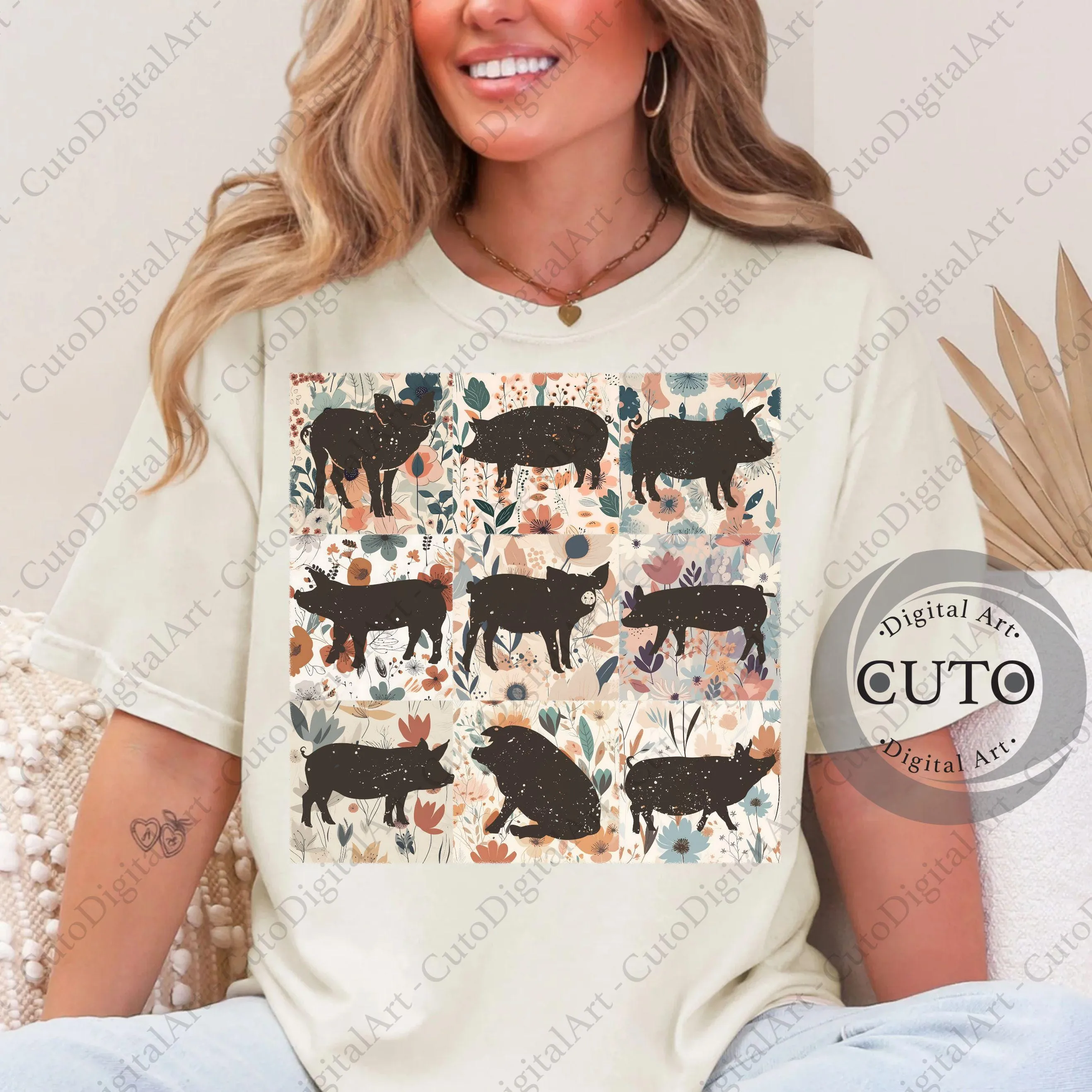 Retro Boho Pig Png Sublimation, Farm Design Png, Flowers Piggy png, Floral Retro Piglet Mama Png T-shirt Png Instant Digital Download