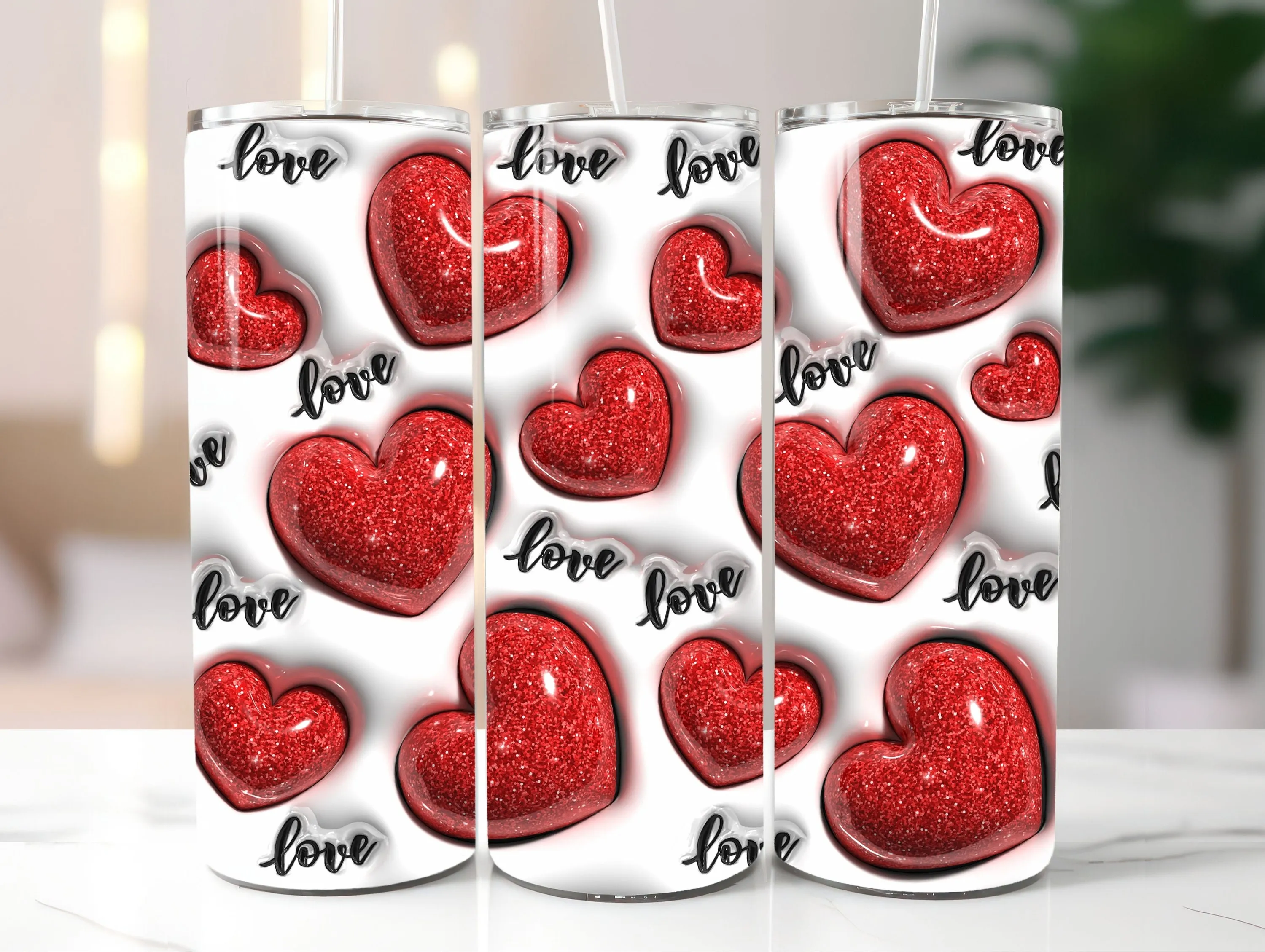 3D Red Glitter Love Hearts Inflated Tumbler Wrap PNG - 3D Puffy Valentine's Day Hearts Digital Design - Saint's Day 20oz Tumbler Sublimation