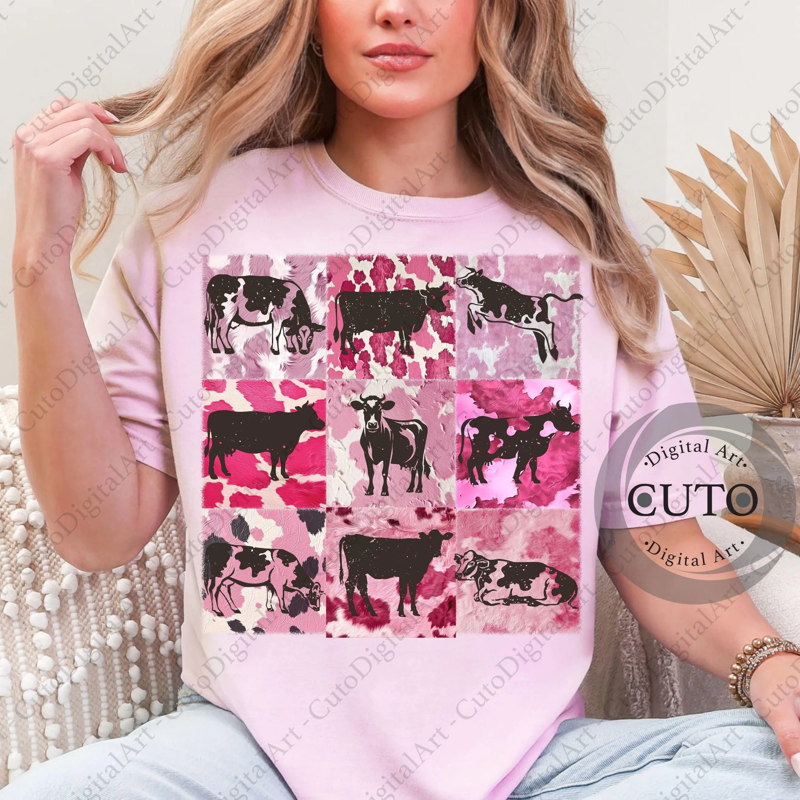 Retro Pink Cow Print For T-Shirts & Sweatshirts Design PNG - Farm Animal Country Style Print Digital Download