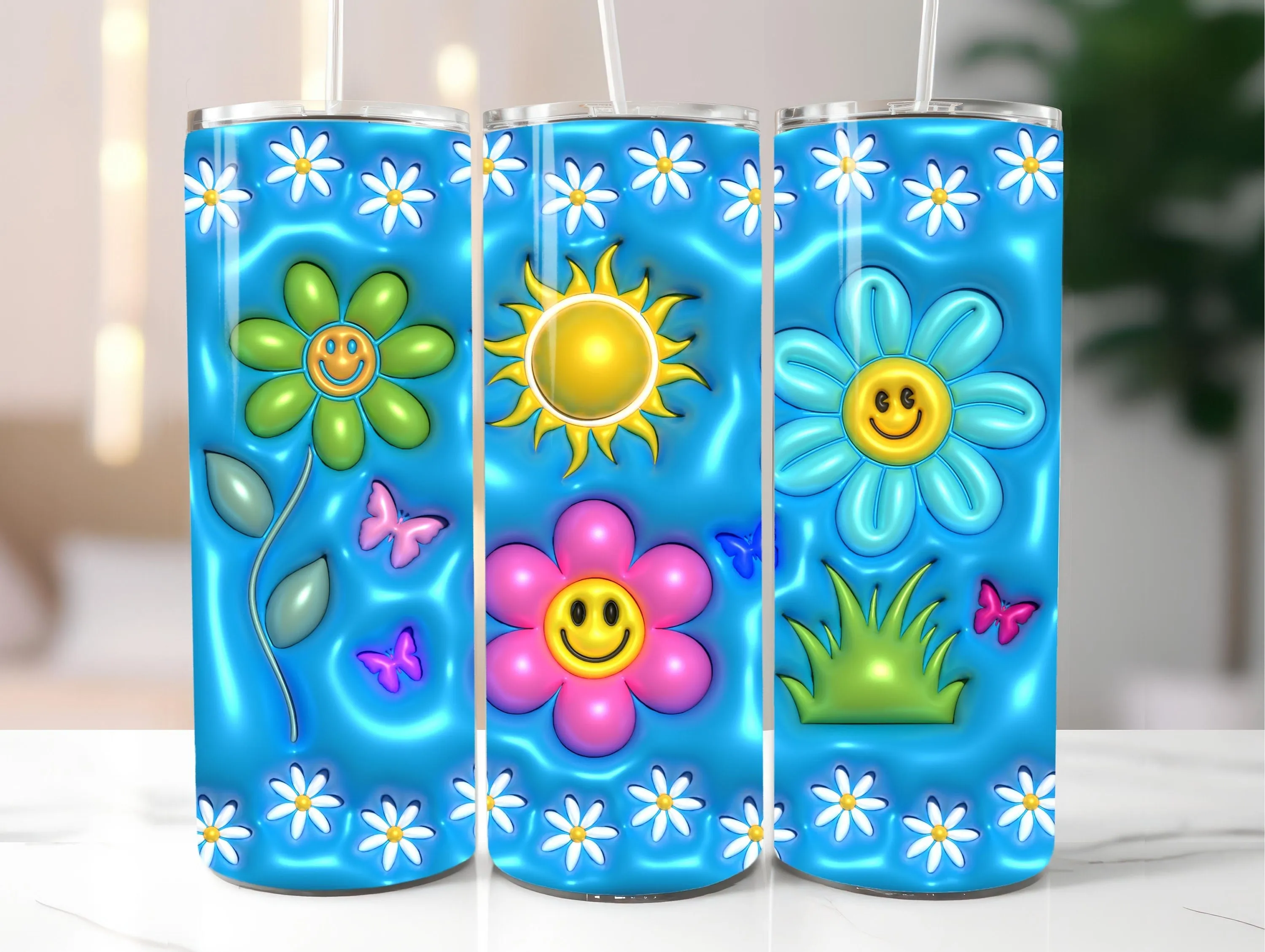 3D Inflated Daisies Flowers Tumbler Wrap, Puff Skinny Tumbler Wrap for 20oz Tumbler, Seamless Tumbler Wrap 3D Tumbler PNG Sublimation Design
