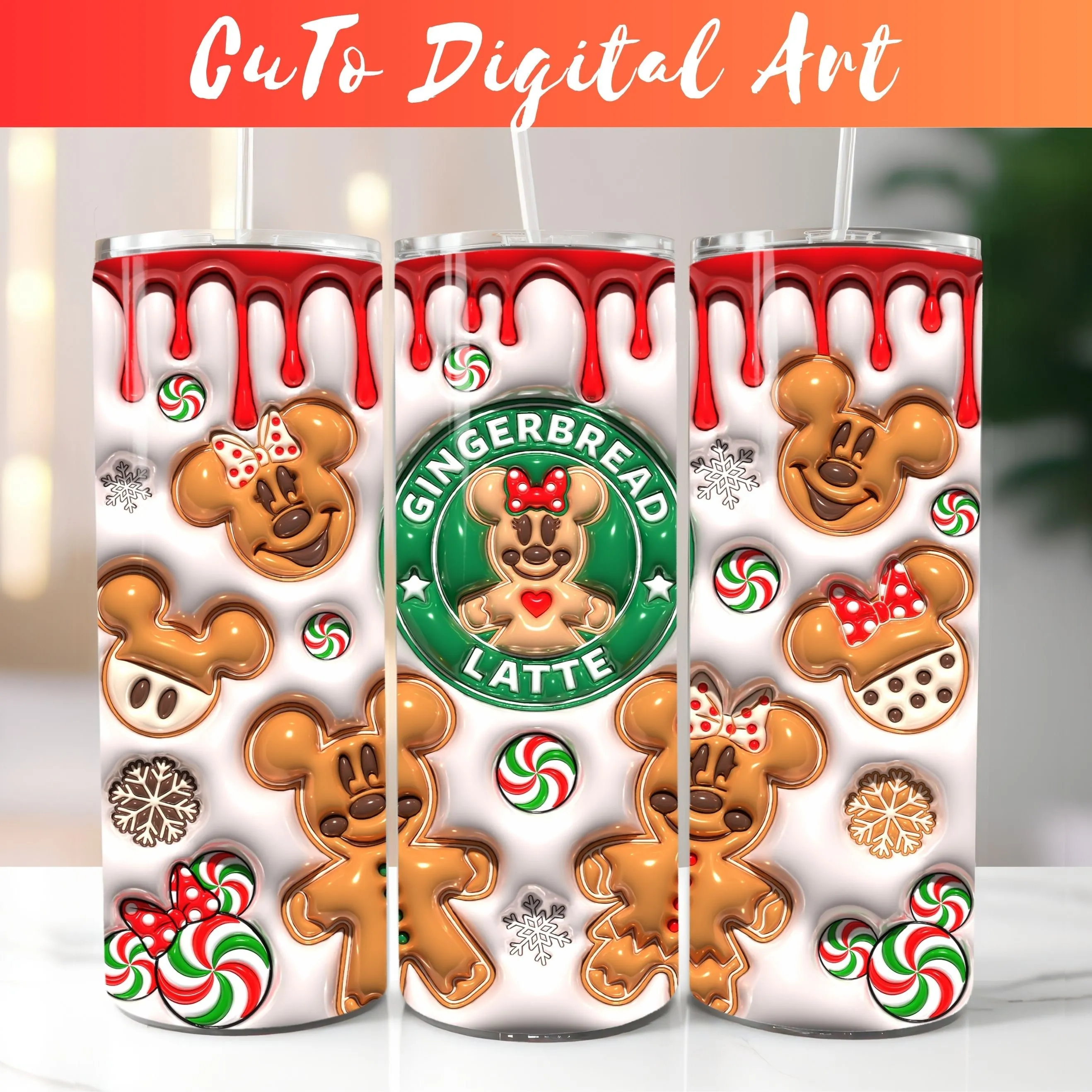 3D Inflated Christmas Tumbler Wrap Design, 3D Puff Gingerbread 20oz Tumbler Sublimation, Instant Digital Download, Skinny Tumbler PNG Wrap