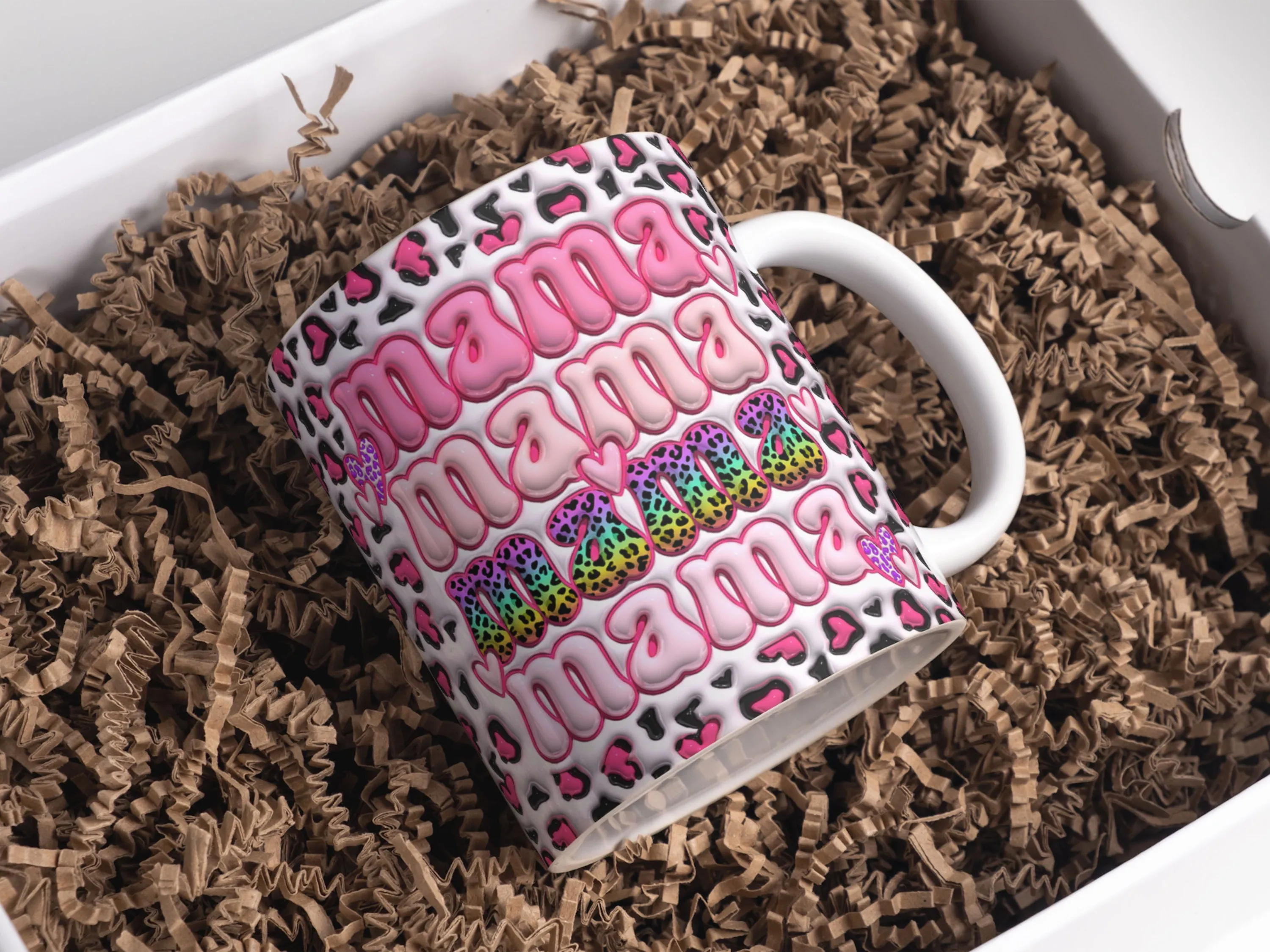 3D Retro Mama Valentine Day Inflated Mug Wrap Sublimation Design 11oz & 15oz, Puffy Leopard Print Mug PNG, Mug Sublimation Designs