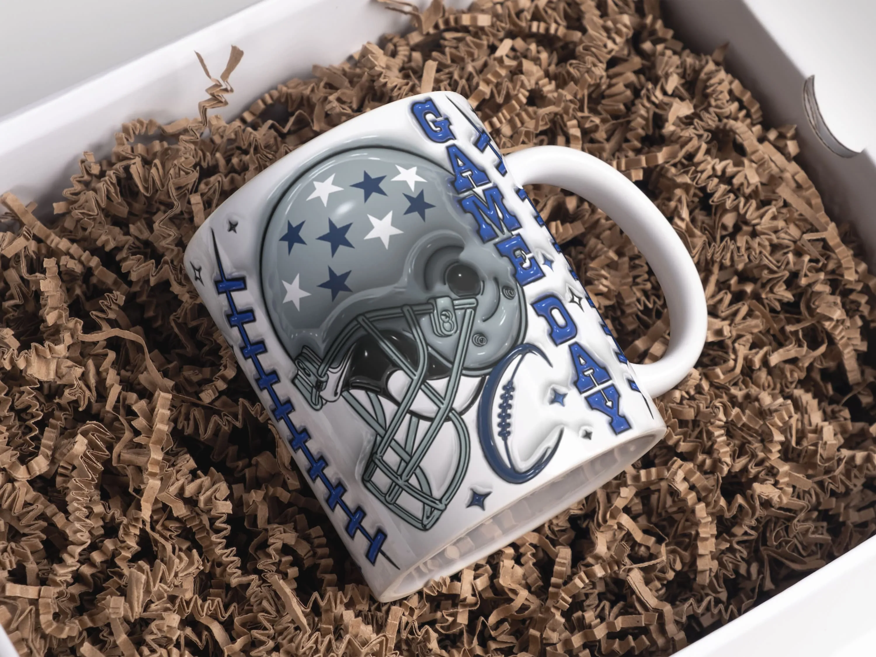 3D Game Day Navy Blue Inflated Mug Wrap Sublimation Design 11oz & 15oz, Puffy Design for American Football Fans Mug Template For Sublimation