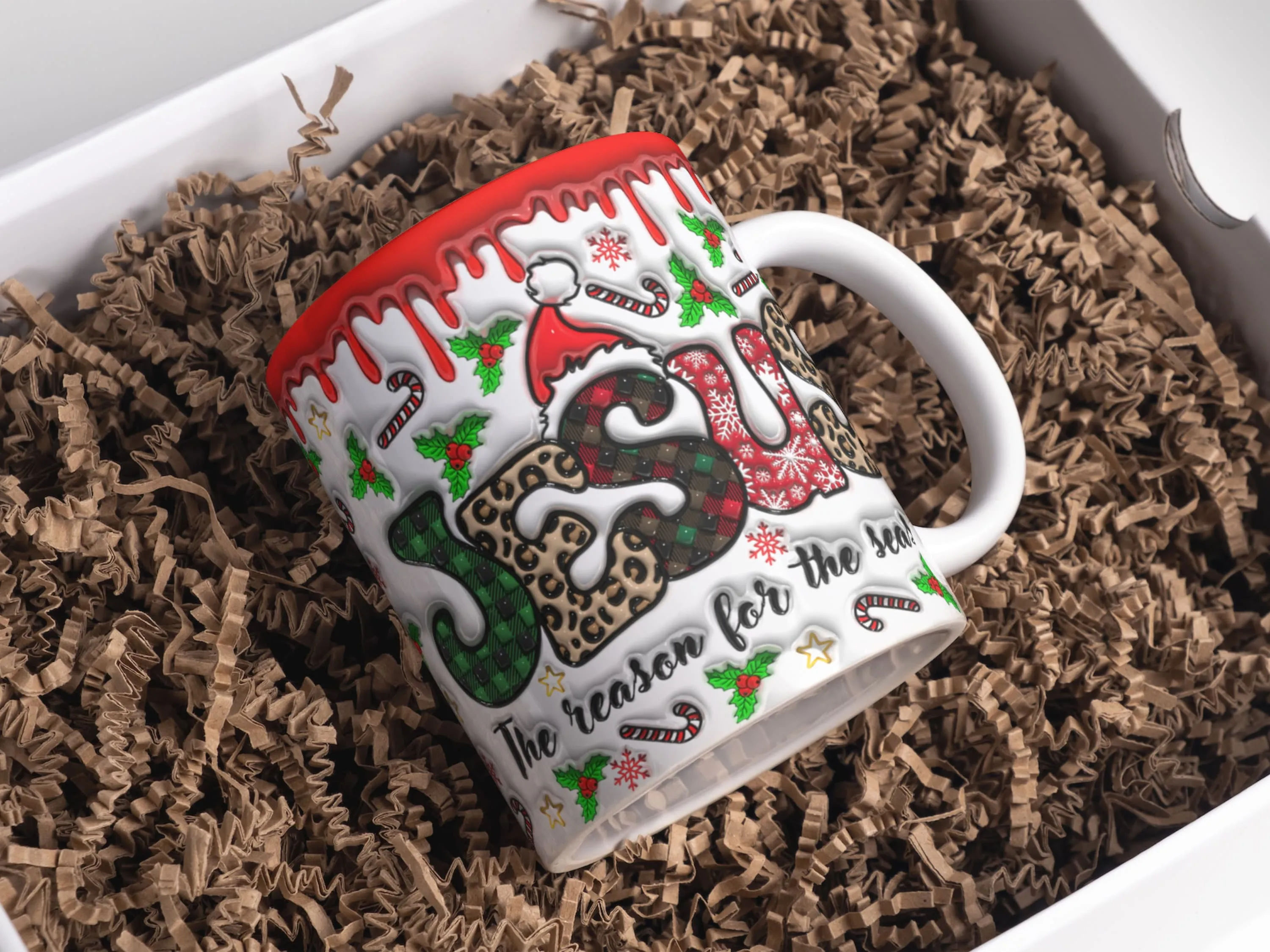 3D Jesus The Reason For The Season Inflated Mug Wrap Sublimation Design 11oz & 15oz, 3D Puffy Faith Xmas Mug Sublimation Template PNG