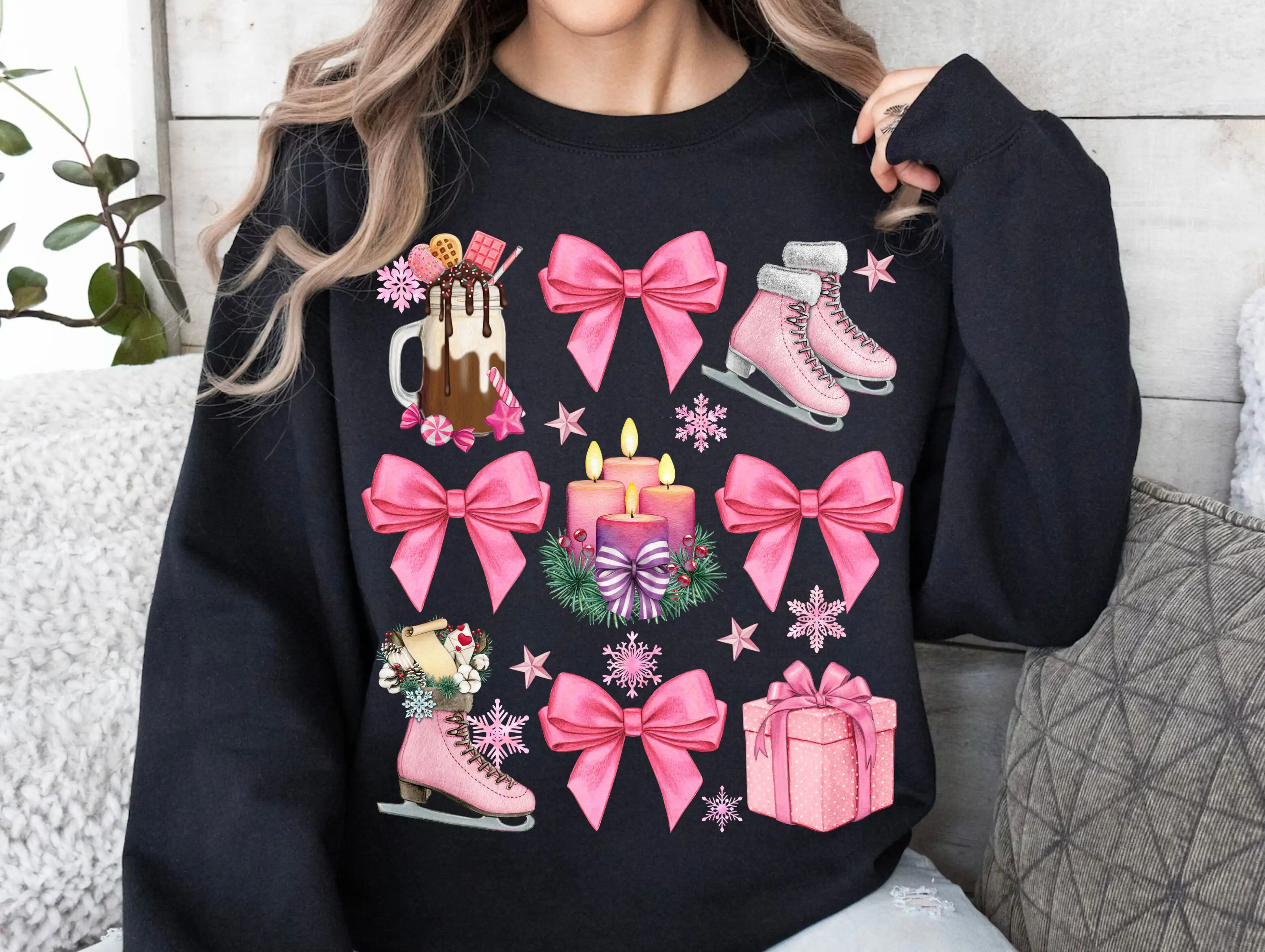 Pink Christmas PNG Design | Ice Skates Hot Cocoa Candles Snowflakes Bows Winter Graphics for Sublimation Sweatshirt T-Shirt Digital Download
