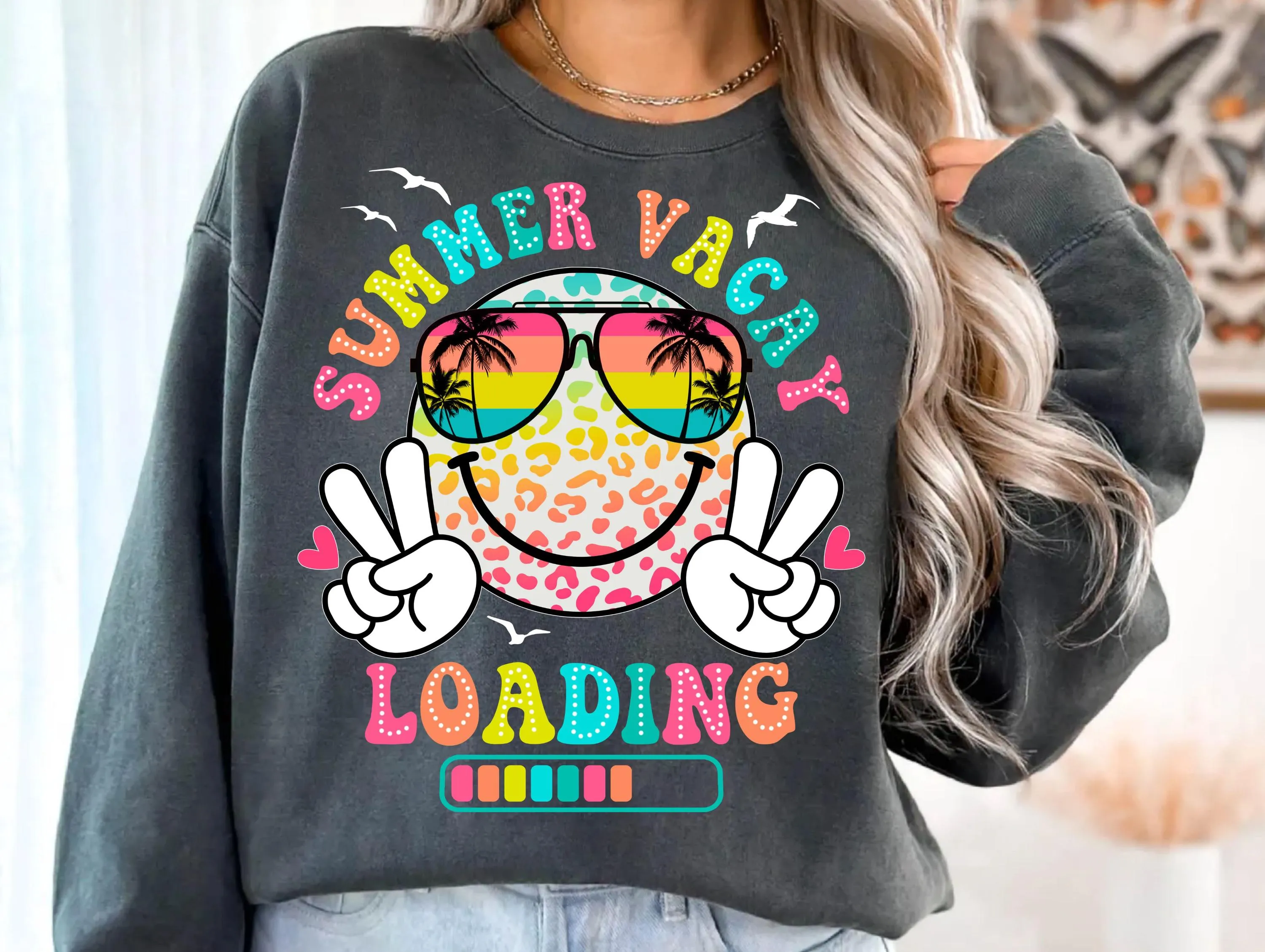 Summer Vacation Loading PNG | Smiley Face Sunglasses Peace Sign | Rainbow Palm Tree Beach Vibes | Colorful Leopard T-shirt Sweatshirt Design