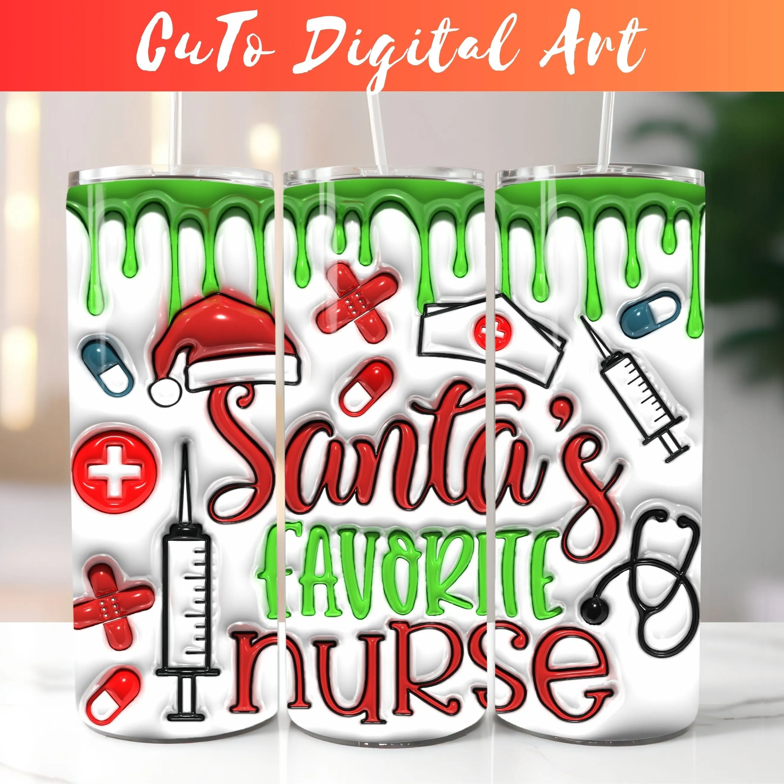3D Inflated Christmas Tumbler Wrap Design for Nurse - 3D Puff 20oz Tumbler Sublimation - Instant Digital Download - Skinny Tumbler PNG Wrap
