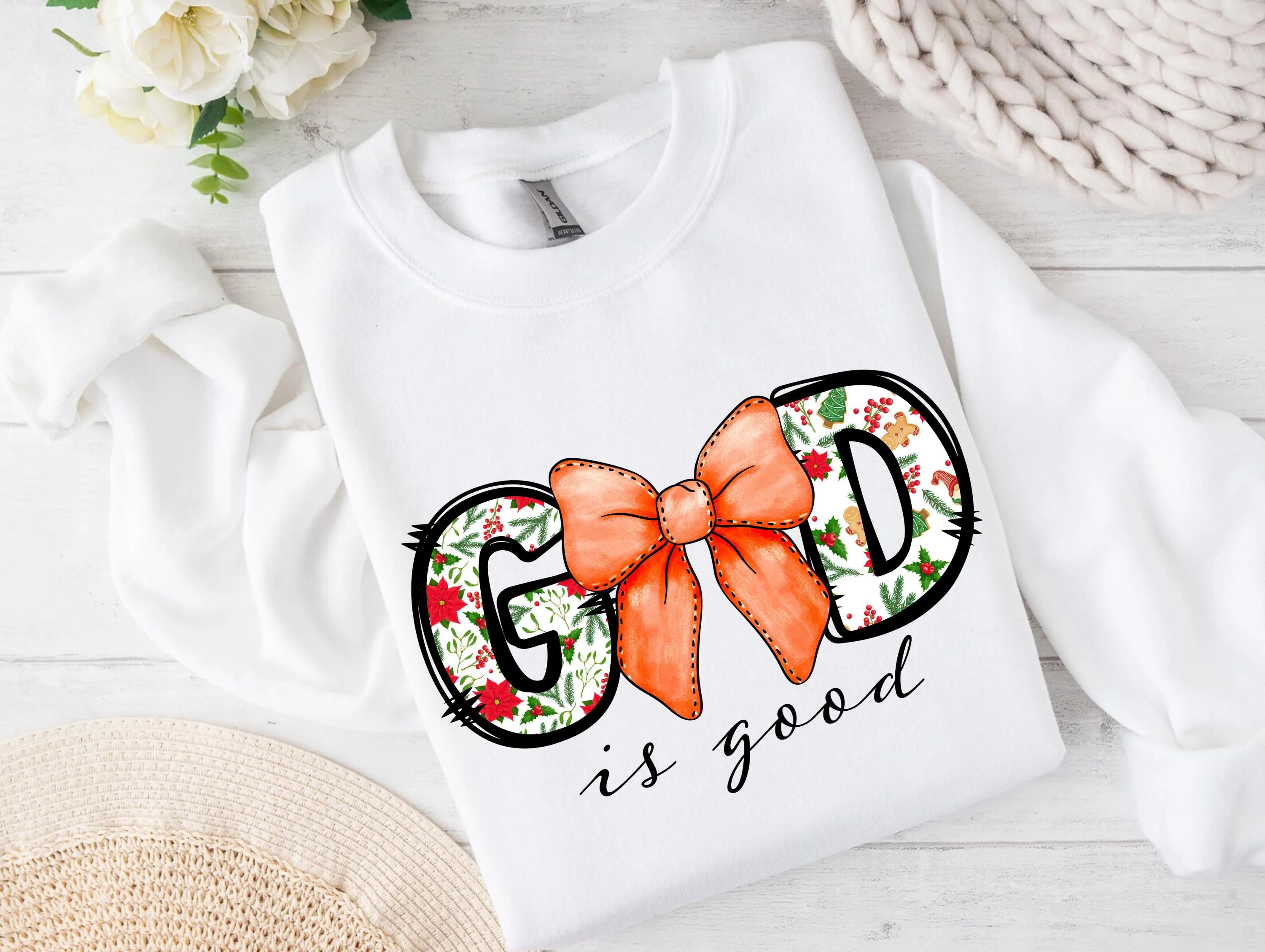 God is Good Christmas Coquette Sublimation Design | Bow Holiday T-Shirt Sweatshirt Graphic | Christian Faith Xmas PNG | Red Poinsettia Holly