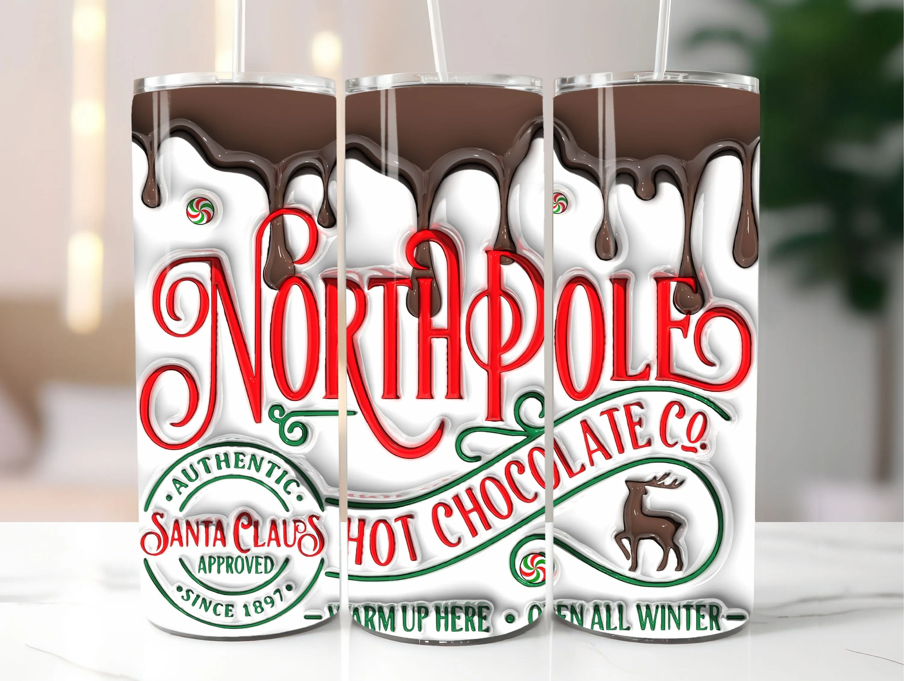 3D Inflated Northpole Hot Chocolate Tumbler Wrap Design, 3D Puff Christmas 20oz Tumbler Sublimation, Digital Download