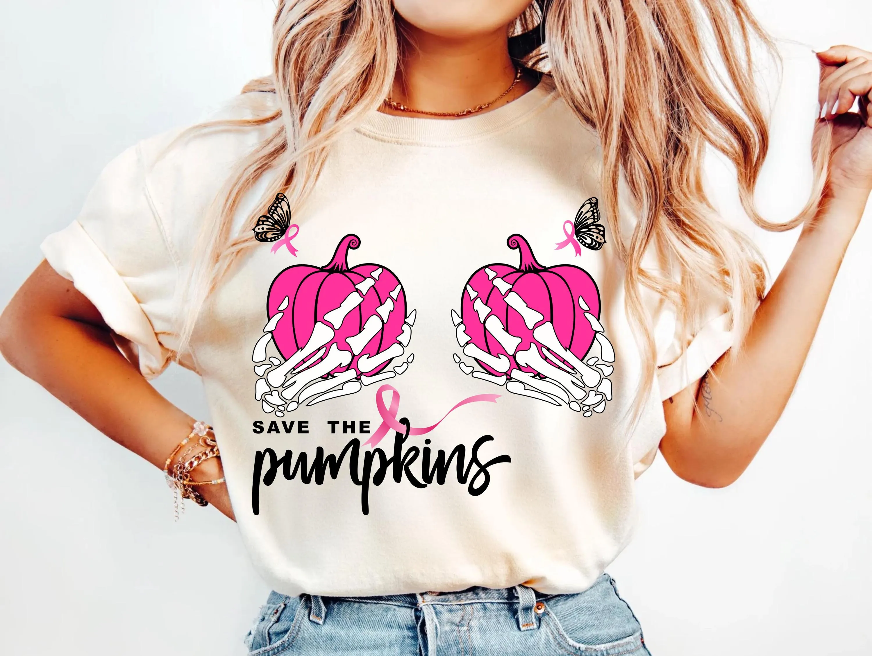 Save the Pumpkins Awareness, Skeleton Hands Pink Halloween Design for T-Shirts Sweatshirts, In October We Wear Pink PNG, Breast Cancer Faith