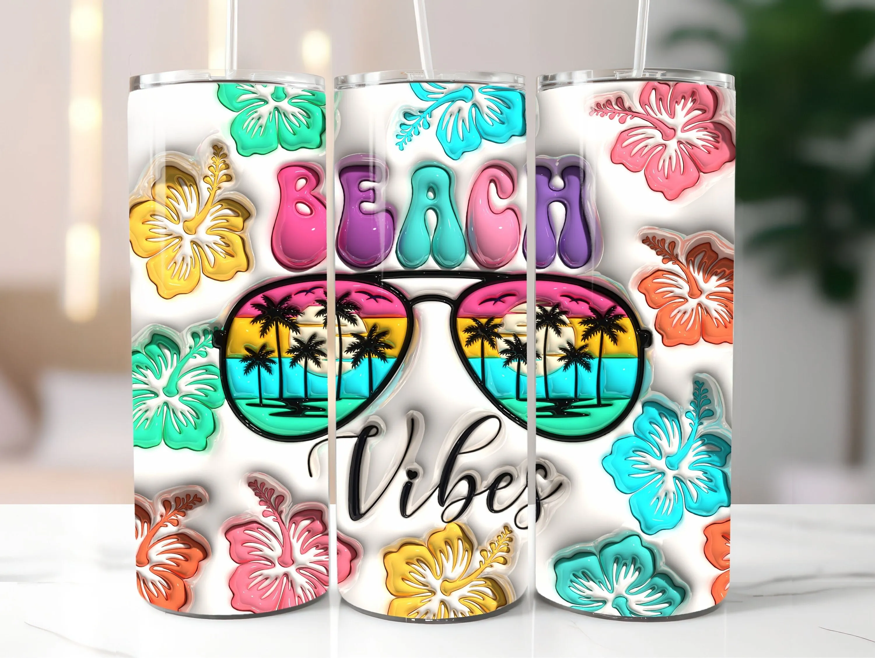 3D Colorful Beach Vibes Inflated Tumbler Wrap, 3D Bubble Summer Time Tumbler Sublimation, Funny 20oz Tumbler PNG, Instant Digital Download