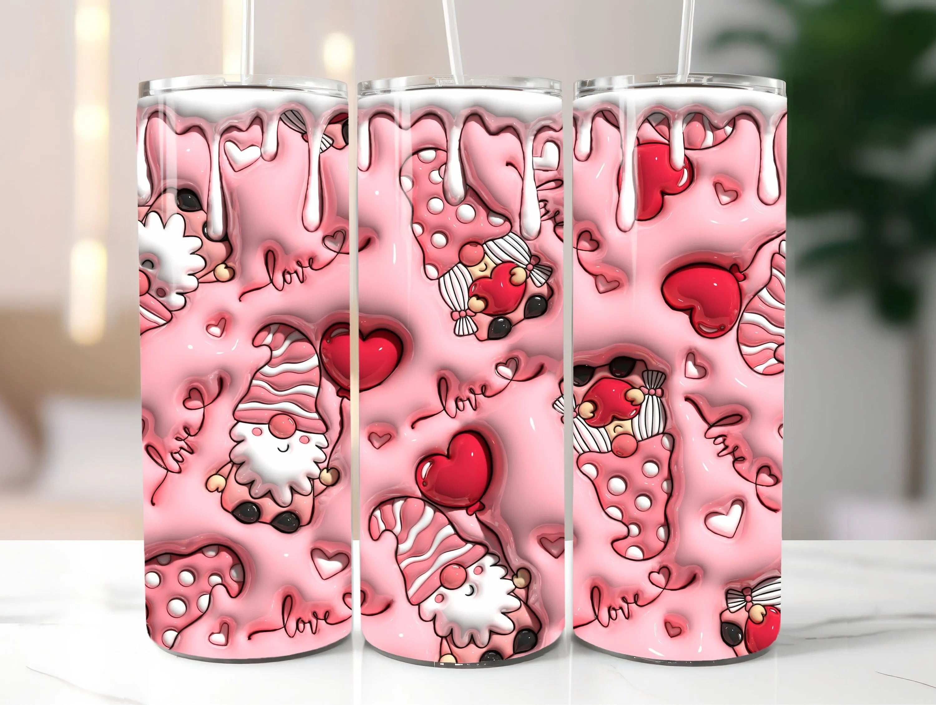 3D Red Gnomes Love Inflated Tumbler Wrap PNG - 3D Puffy Valentine's Day Gnomes Digital Design - Saint's Day 20oz Tumbler Sublimation