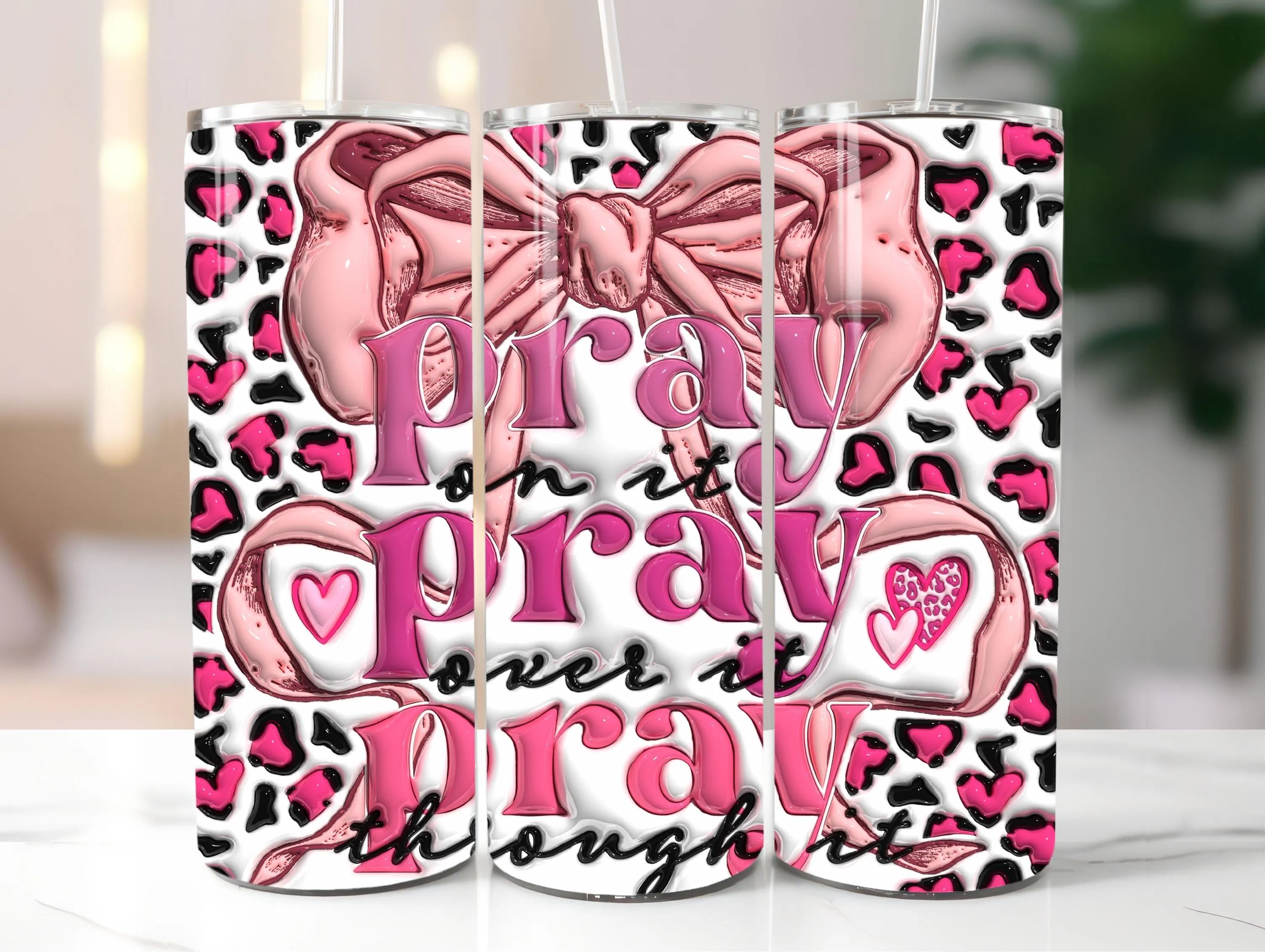 3D Inflated Pray Tumbler Wrap PNG, Puffy Christian 20oz Tumbler Digital Download, Pray on it Pray over it Pray through it Sublimation Design