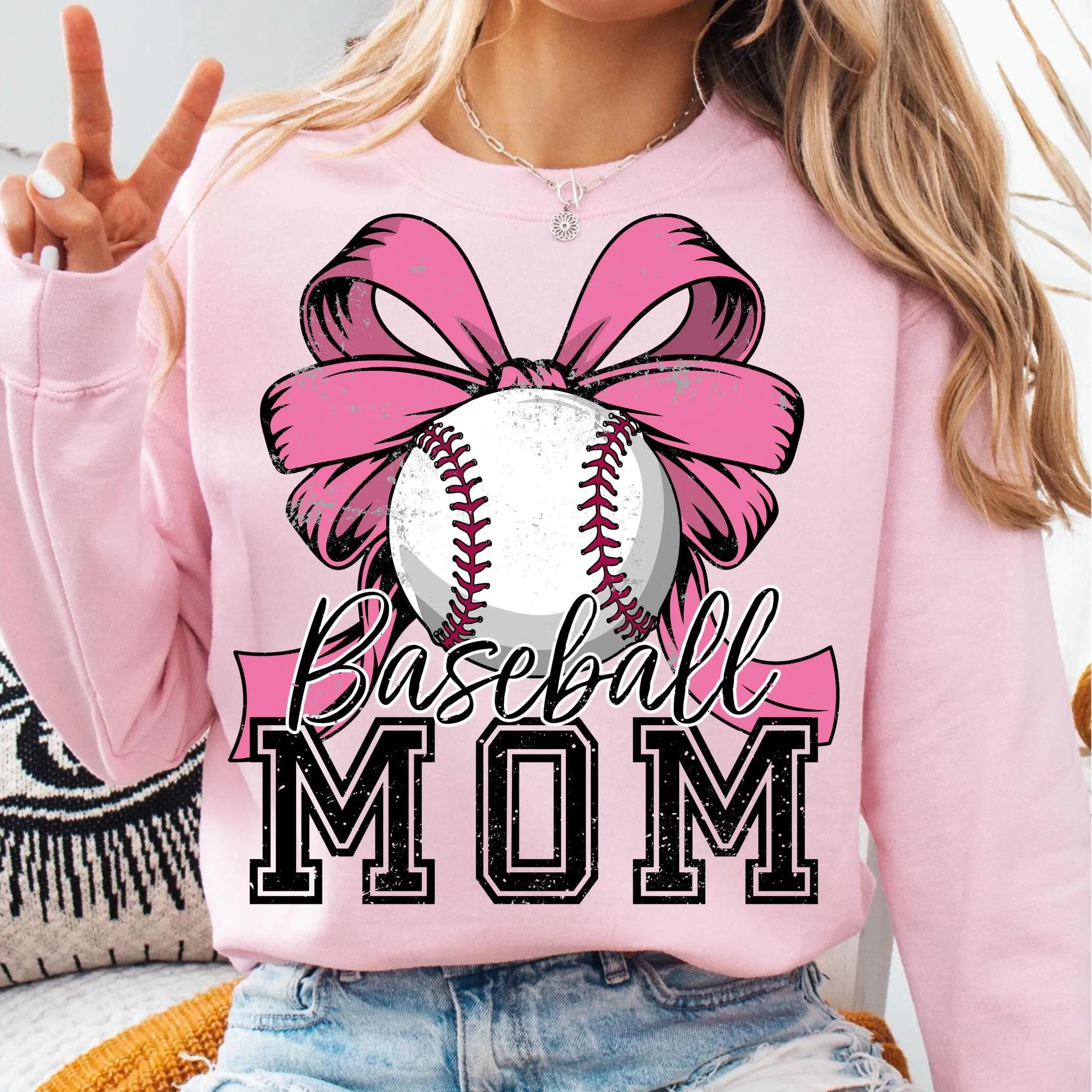 Baseball Mom Pink Bow Distressed Design | Sports Mom T-shirt Sweatshirt Digital Download Transparent PNG | Grunge Style Baseball Mama Design