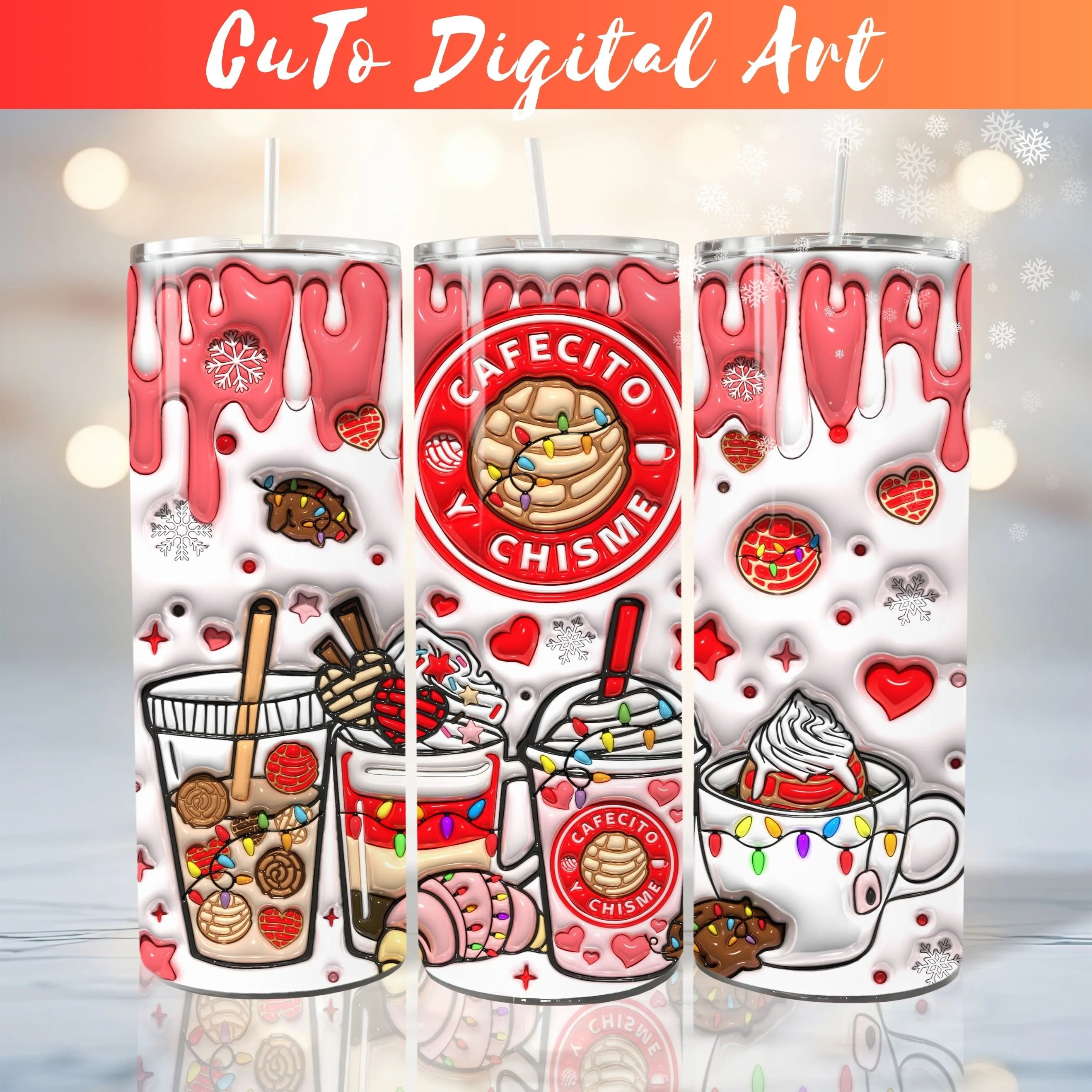 3D Inflated Christmas Cafecito Y Chisme Tumbler Wrap - 3D Puffy Pan Dulce 20oz Tumbler Sublimation - Concha Lights Xmas PNG Digital Download
