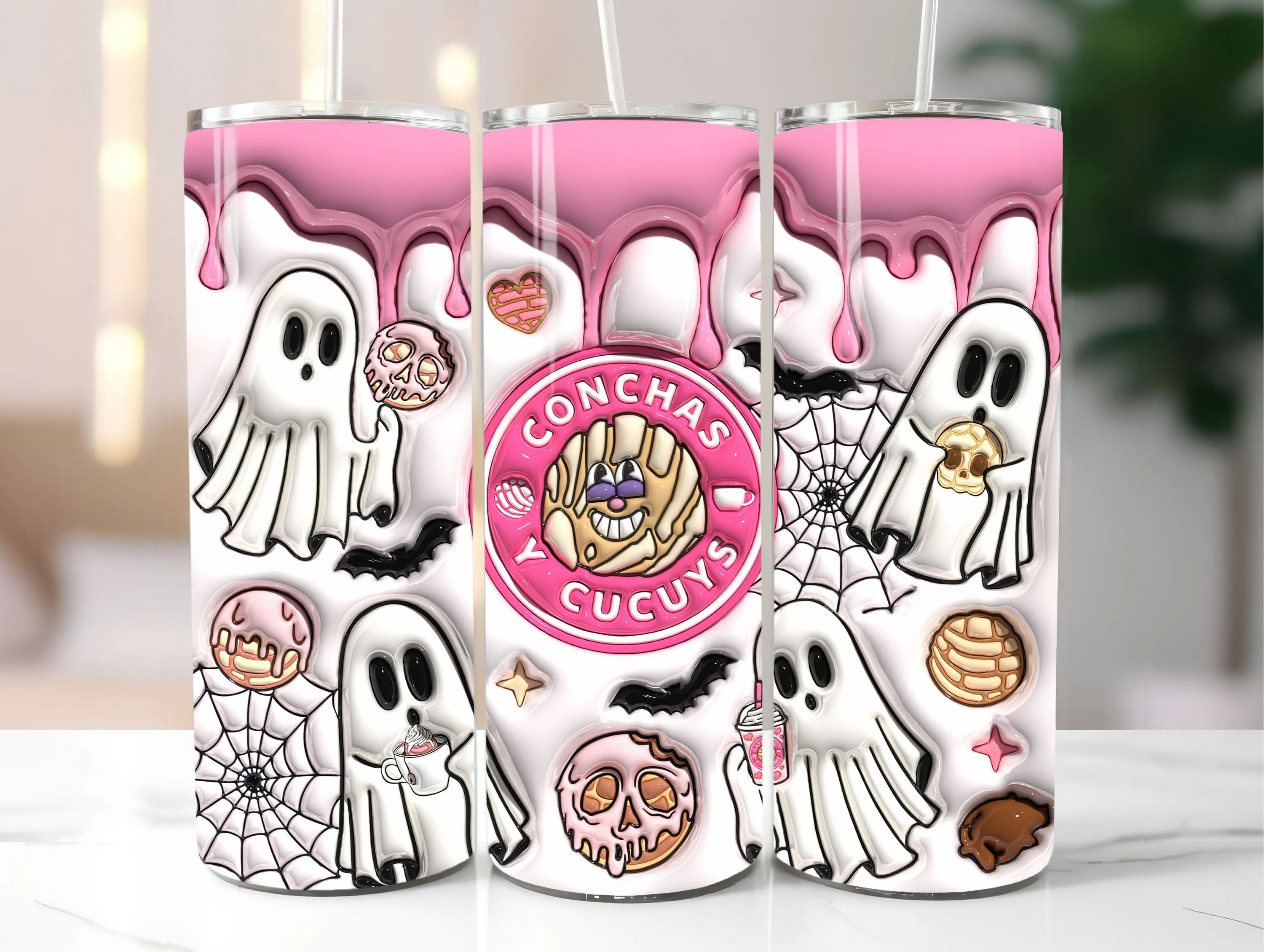 3D Inflated Ghost Conchas Y Cucuys Tumbler Wrap PNG - 3D Puff Spooky Halloween Conchas 20oz Tumbler Sublimation - Instant Digital Download
