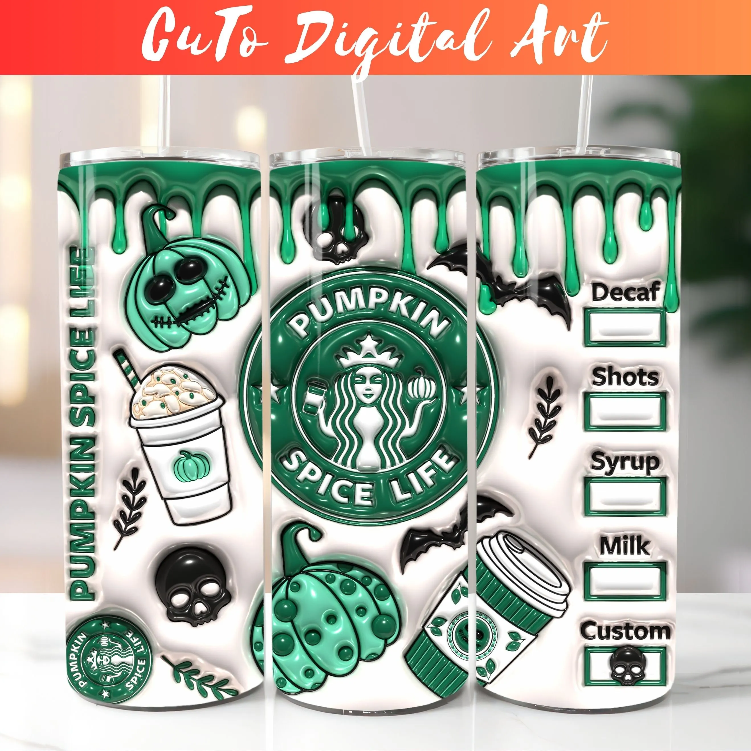 3D Seamless Green Pumpkin Spice Life Wrap, Inflated Skinny Tumbler PNG, 3D Puffy Halloween 20oz Tumbler Sublimation Design, Instant Download