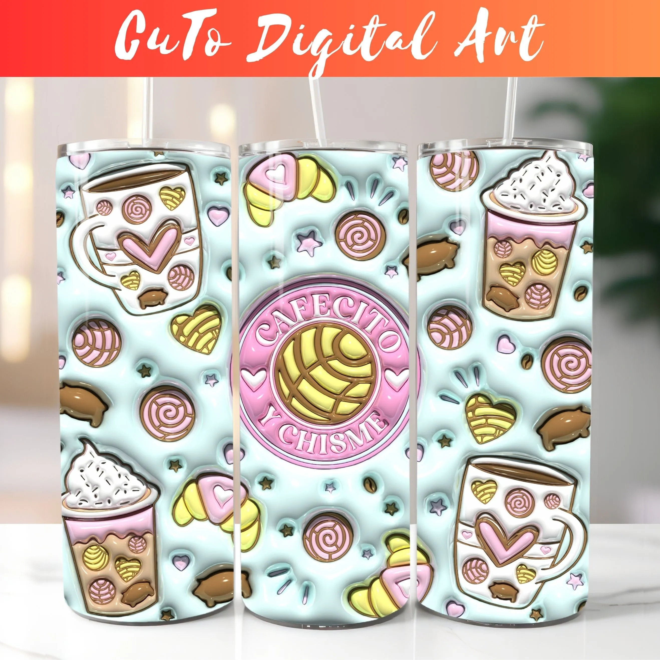 3D Inflated Cafecito Y Chisme Tumbler Wrap PNG - 3D Puff Coffee 20oz Tumbler Sublimation - Skinny Tumbler Wrap - Instant Digital Download