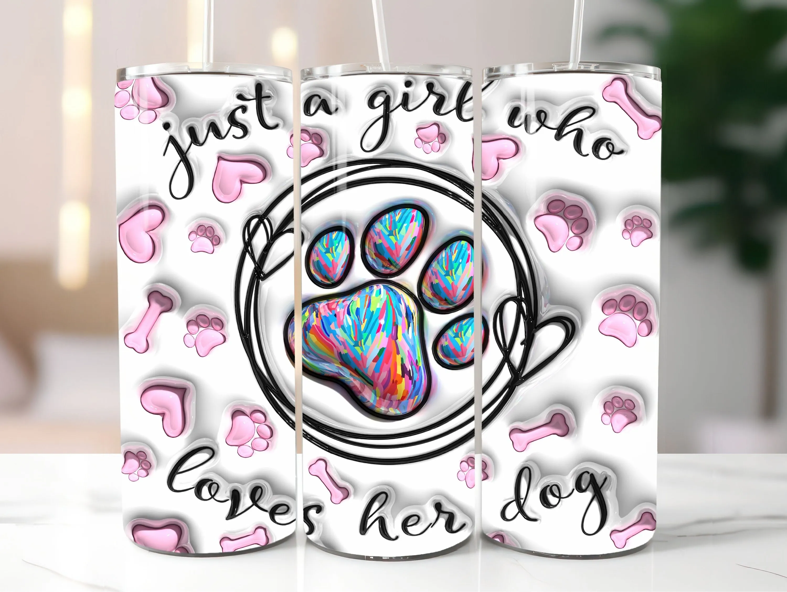 3D Just a Girl Who Loves Her Dog Puffy Tumbler Wrap, Inflated Dog Lover 20oz Tumbler Sublimation, Paws Skinny Tumbler PNG Digital Download