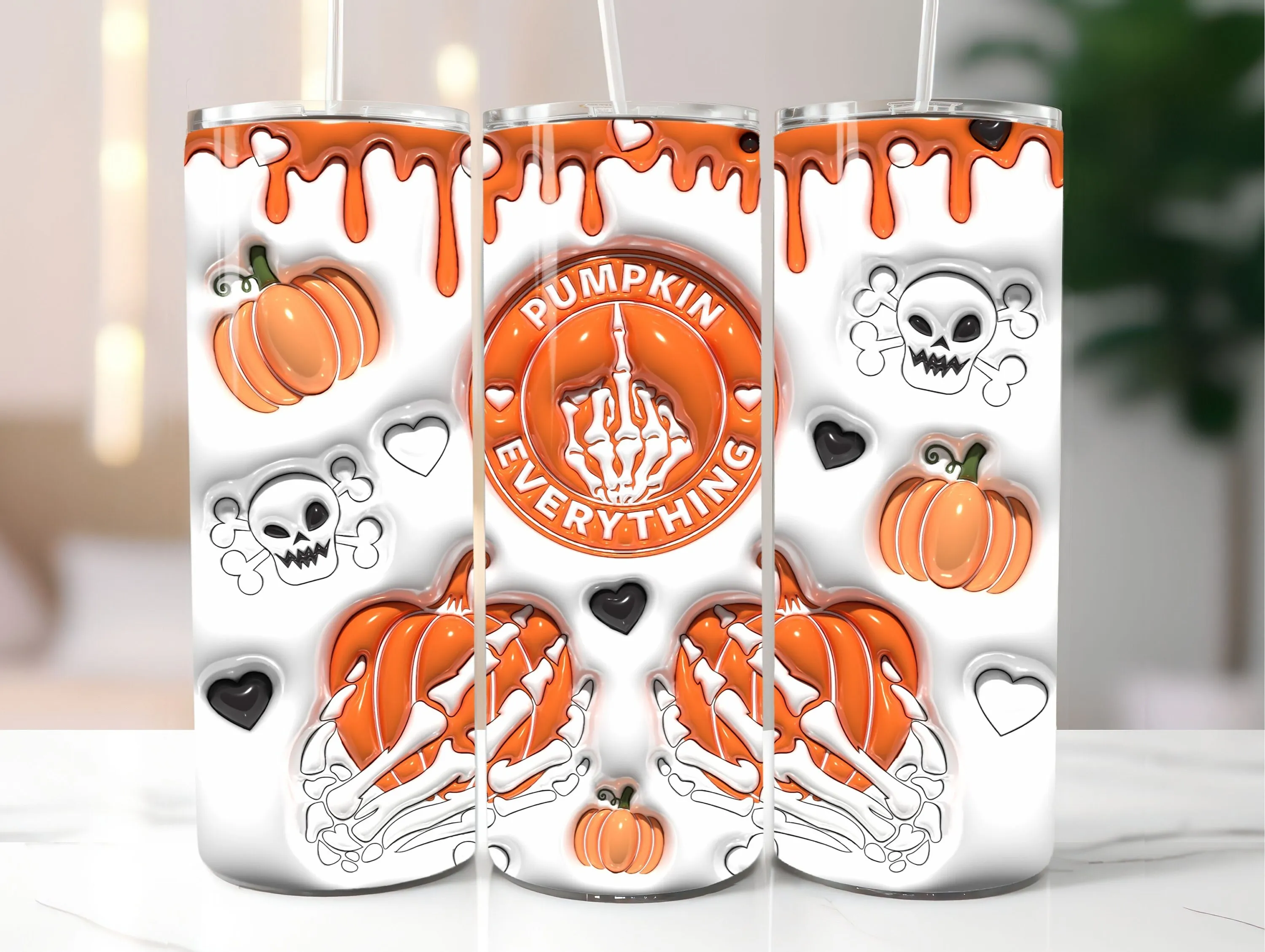 3D Skull Pumpkin Inflated Tumbler Wrap PNG - 3D Puff Skeleton 20oz Tumbler Sublimation - Skinny Tumbler Wrap - Instant Digital Download