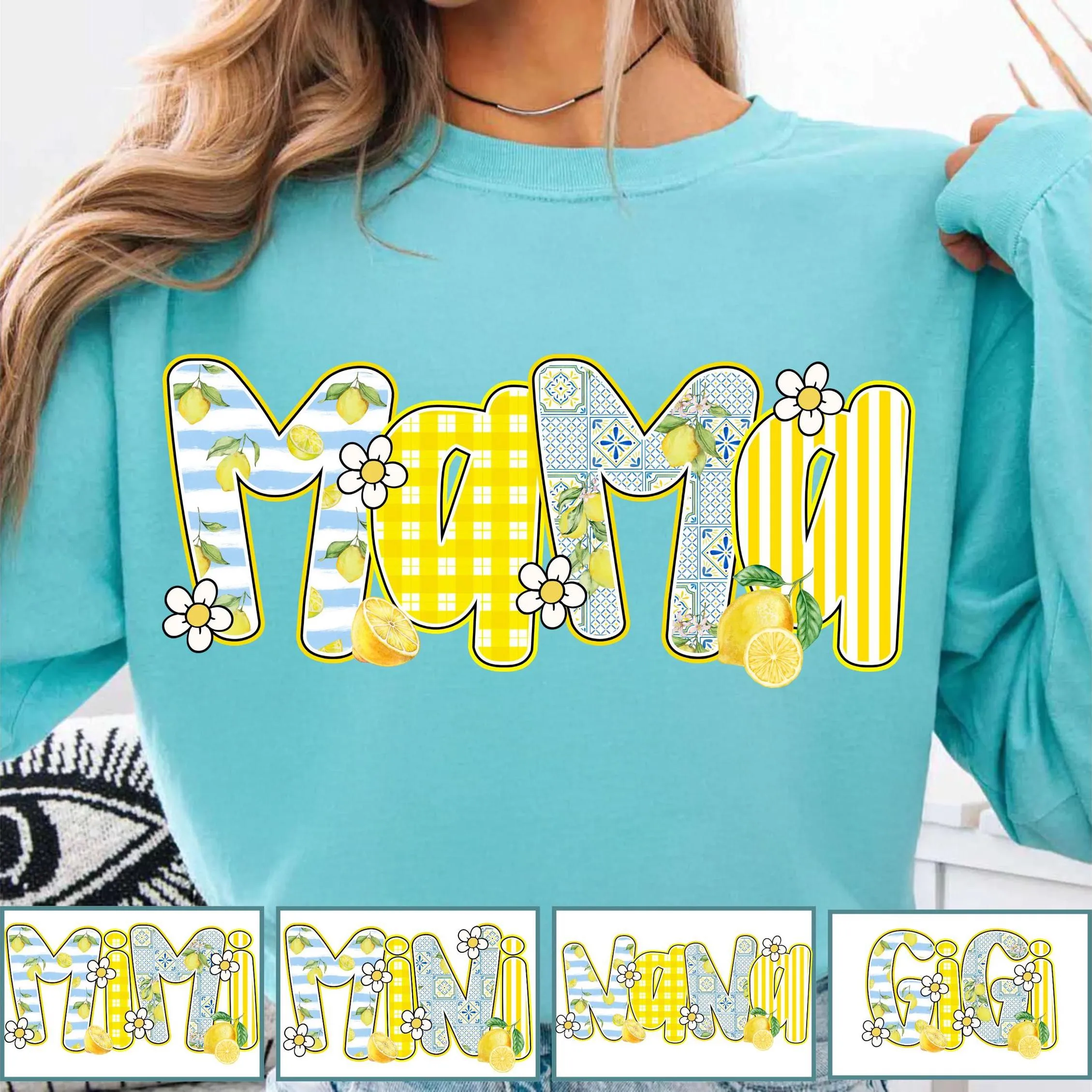 Bundle Preppy Lemon Summer PNG, Retro Mama Gigi Mini Nana Mimi T-shirt PNG, Yellow Mom Summer Design, Lemonade Sublimation Digital Download