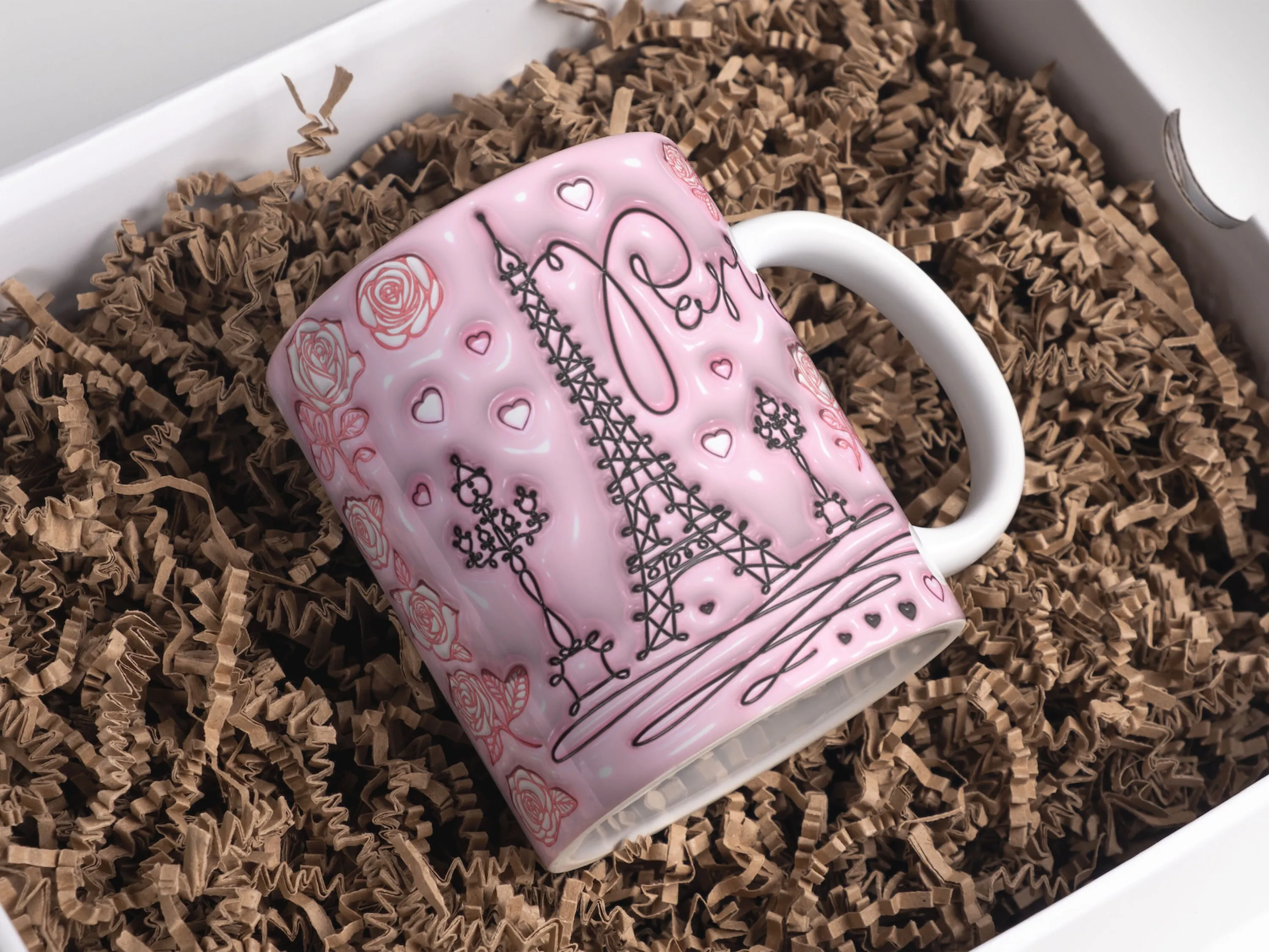 3D Pink Eiffel Tower Inflated Mug Wrap Sublimation Design 11oz & 15oz, Puffy Mug PNG, Mug Sublimation Design, Mug Template For Sublimation